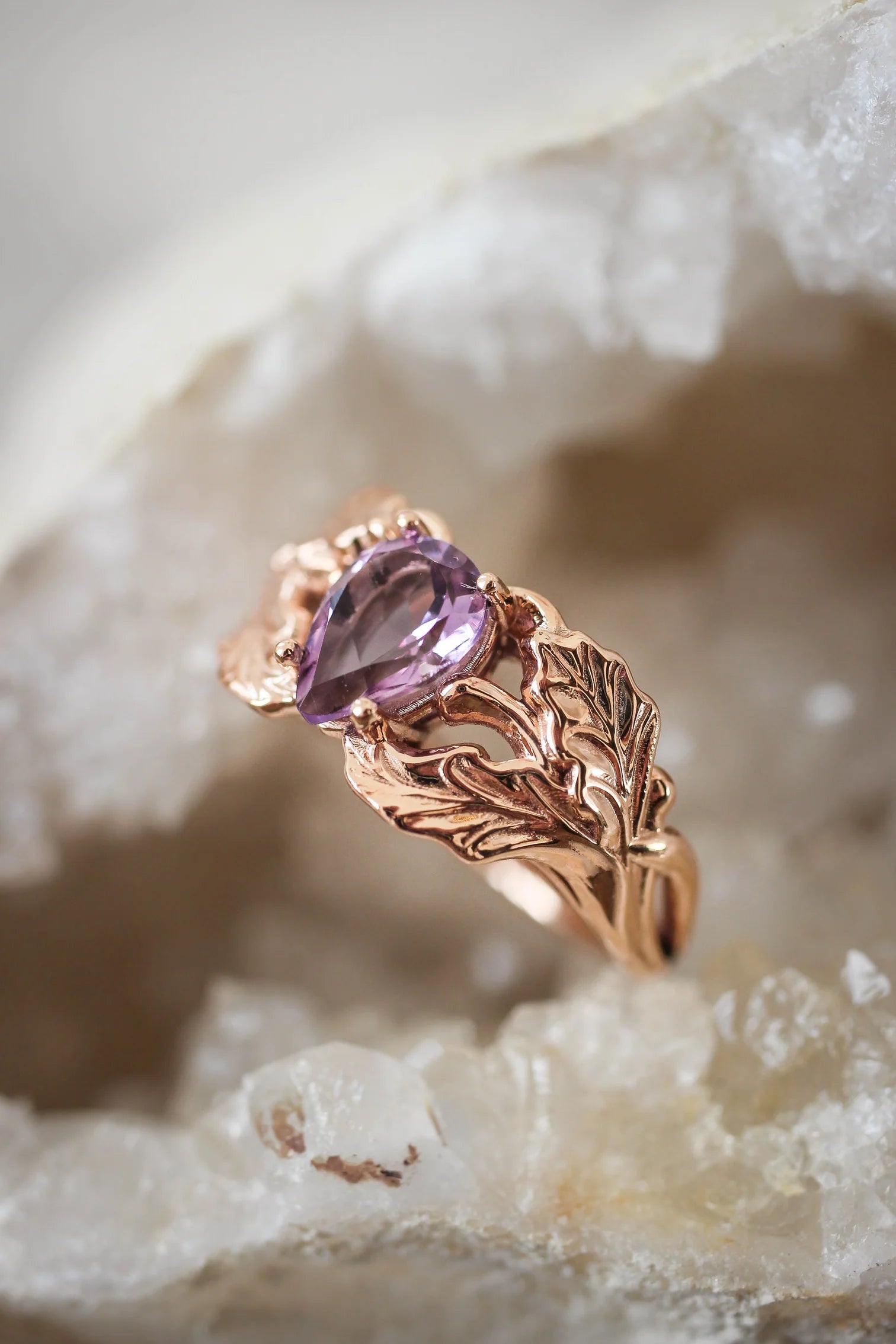 Amethyst Stone Pear Cut Leaf Ring - ARTSY SILVER