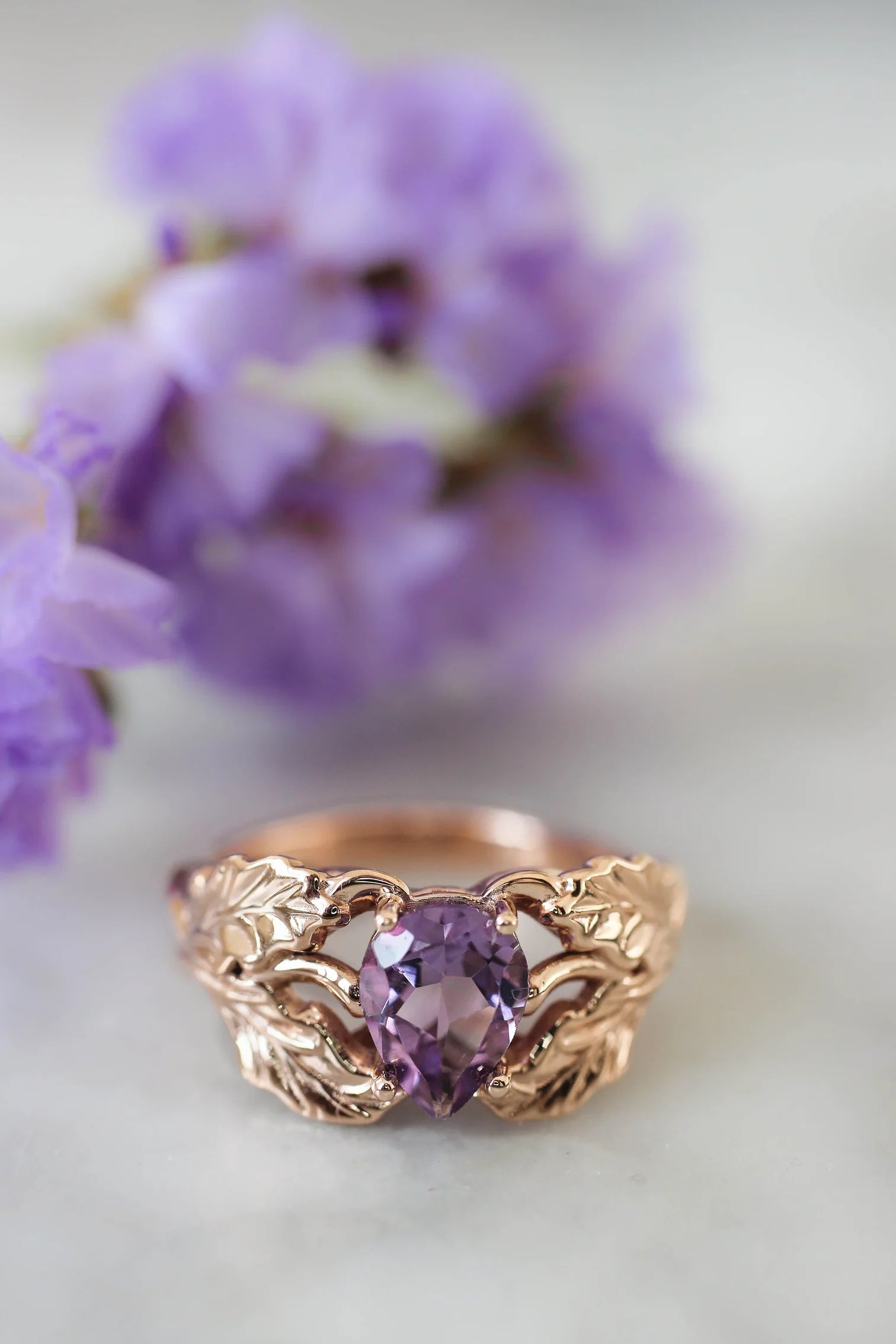 Amethyst Stone Pear Cut Leaf Ring - ARTSY SILVER