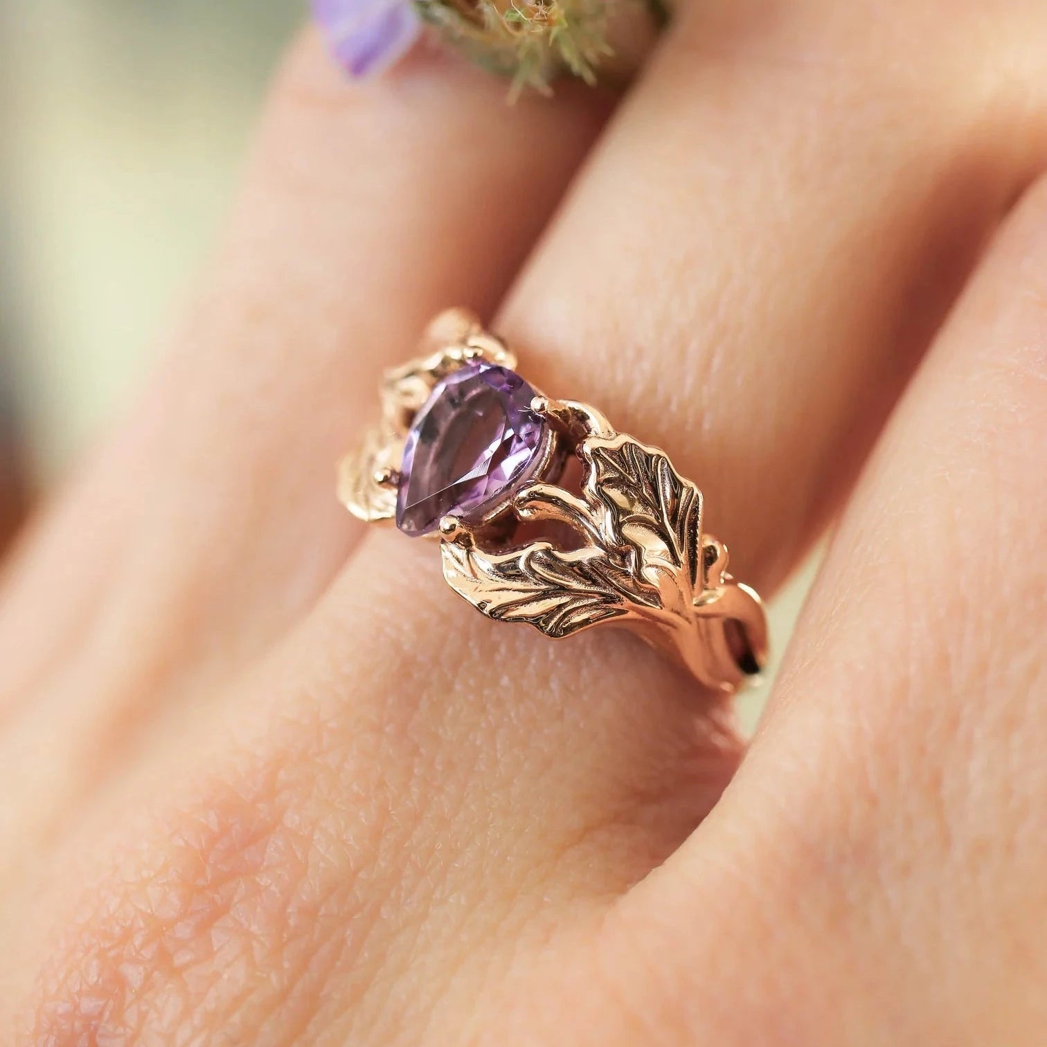 Amethyst Stone Pear Cut Leaf Ring - ARTSY SILVER