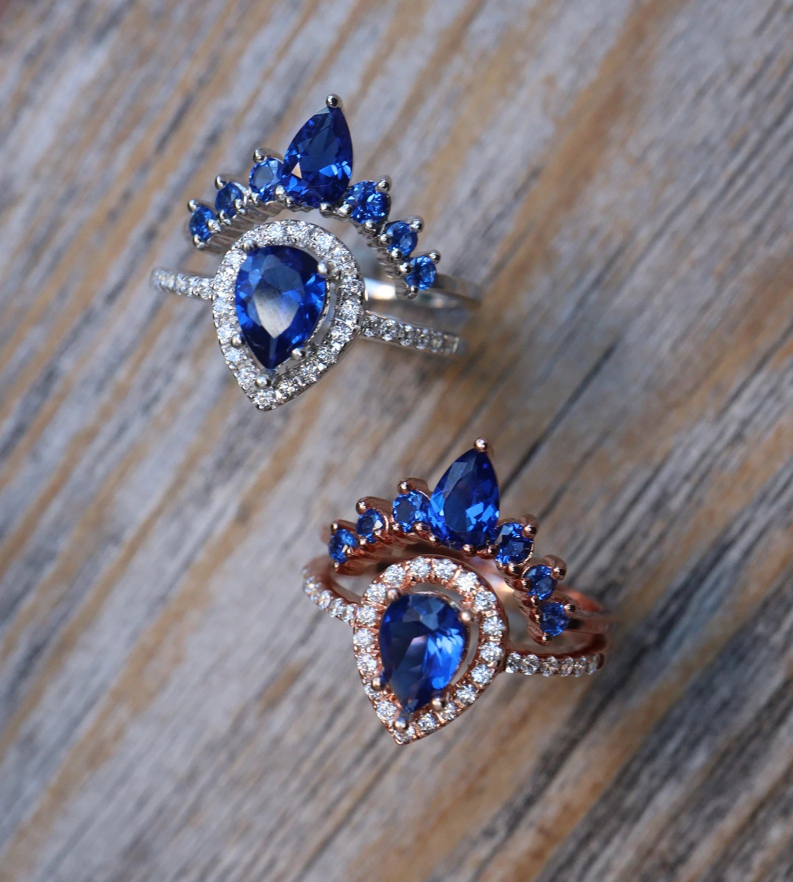 Pear Cut Blue Sapphire 2 Set Ring