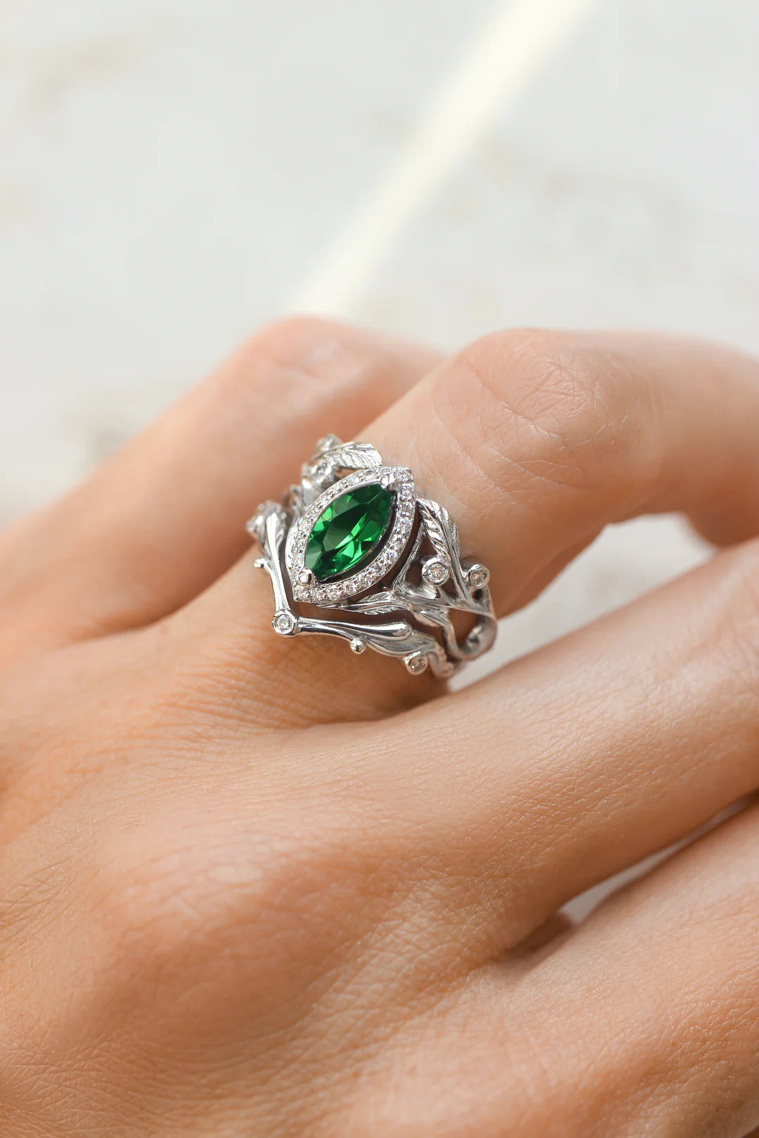Halo Unique Emerald 2 Set Silver Ring