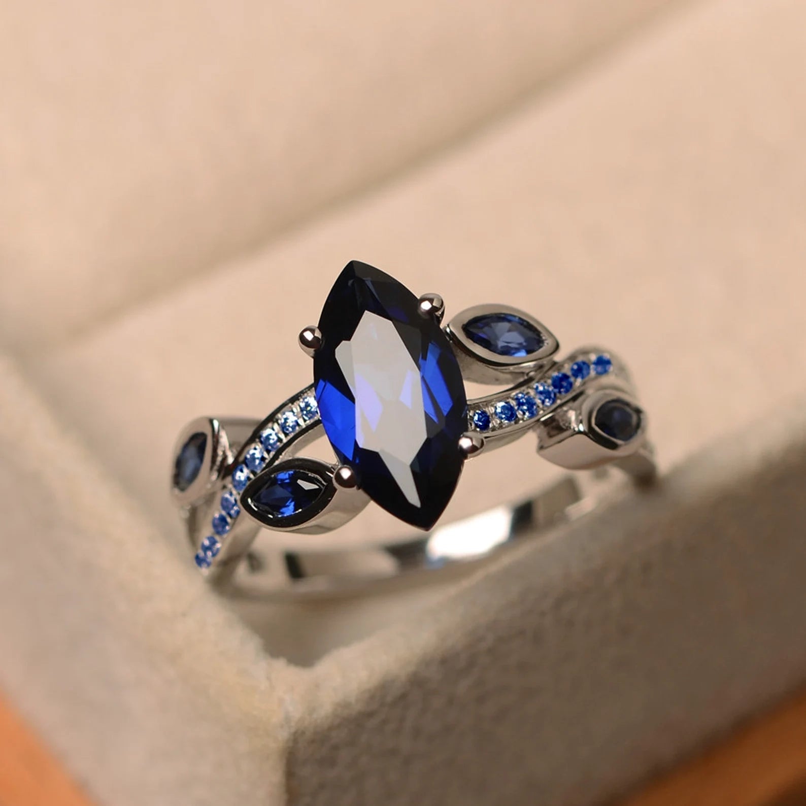 Marquise cut blue sapphire stone ring (Blue Edition) - ARTSY SILVER