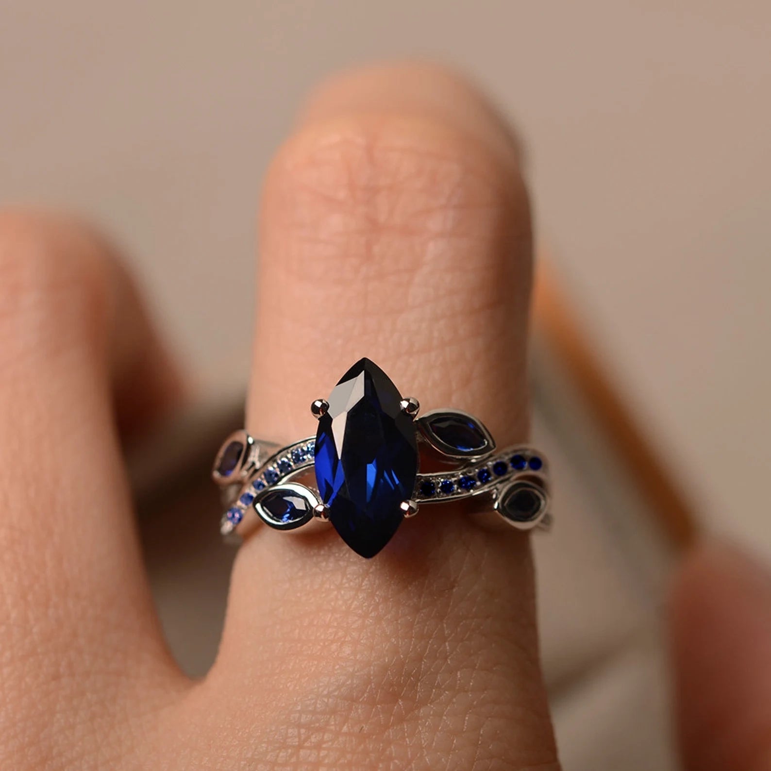 Marquise cut blue sapphire stone ring (Blue Edition) - ARTSY SILVER