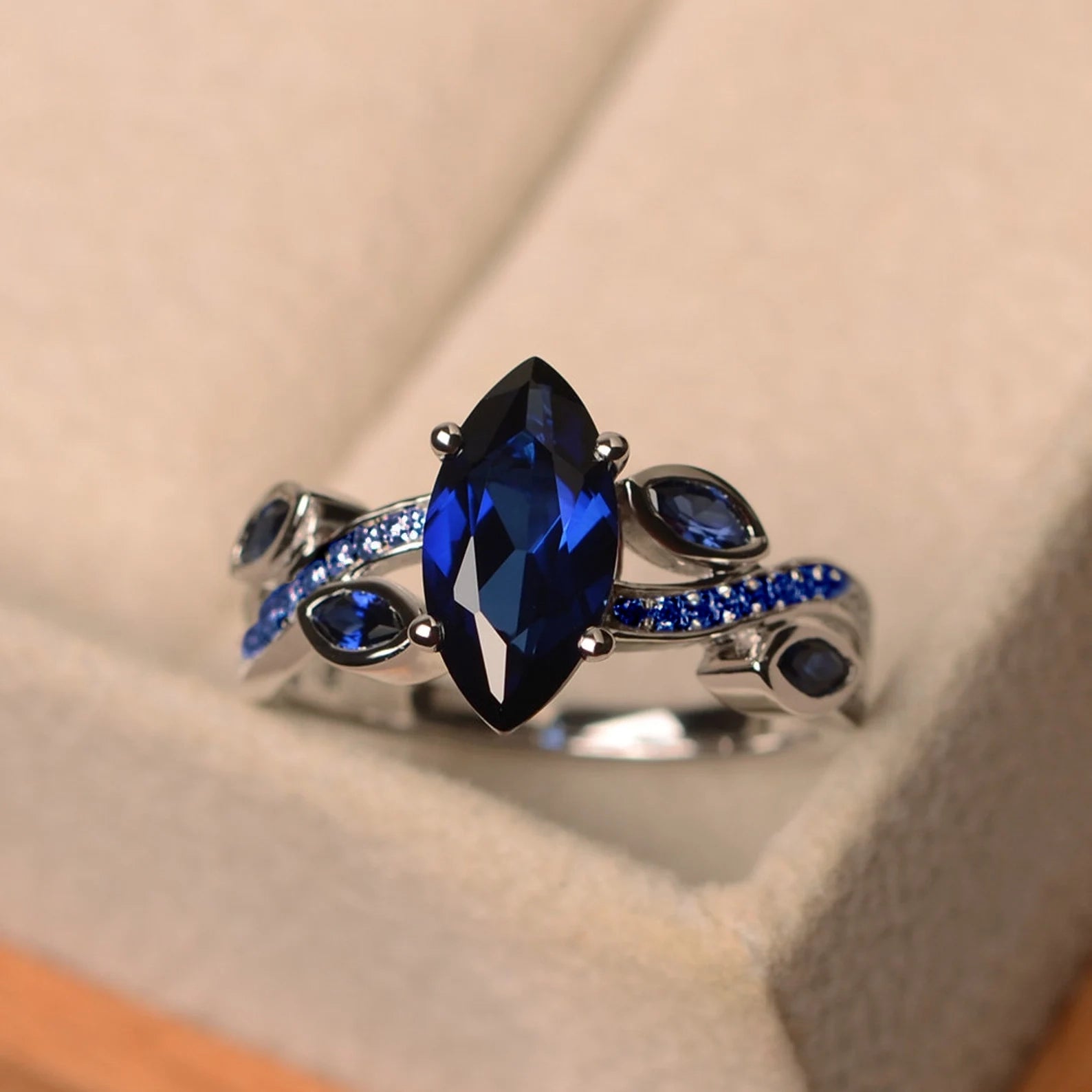 Marquise cut blue sapphire stone ring (Blue Edition) - ARTSY SILVER