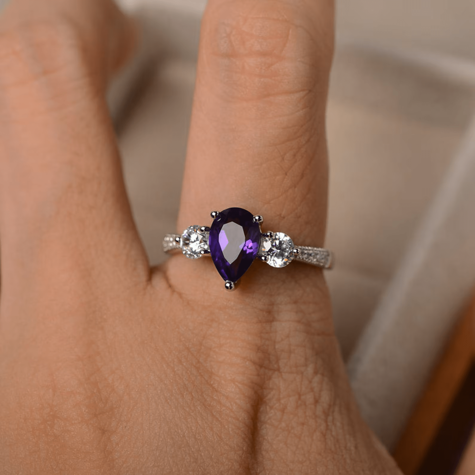 Pear Cut Amethyst Stone Ring - ARTSY SILVER