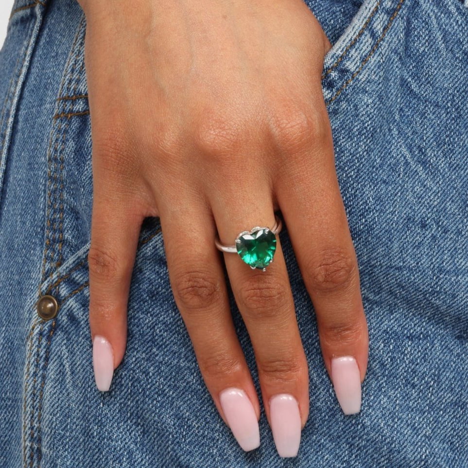 To My Buttercup Silver Emerald Heart Ring - ARTSY SILVER