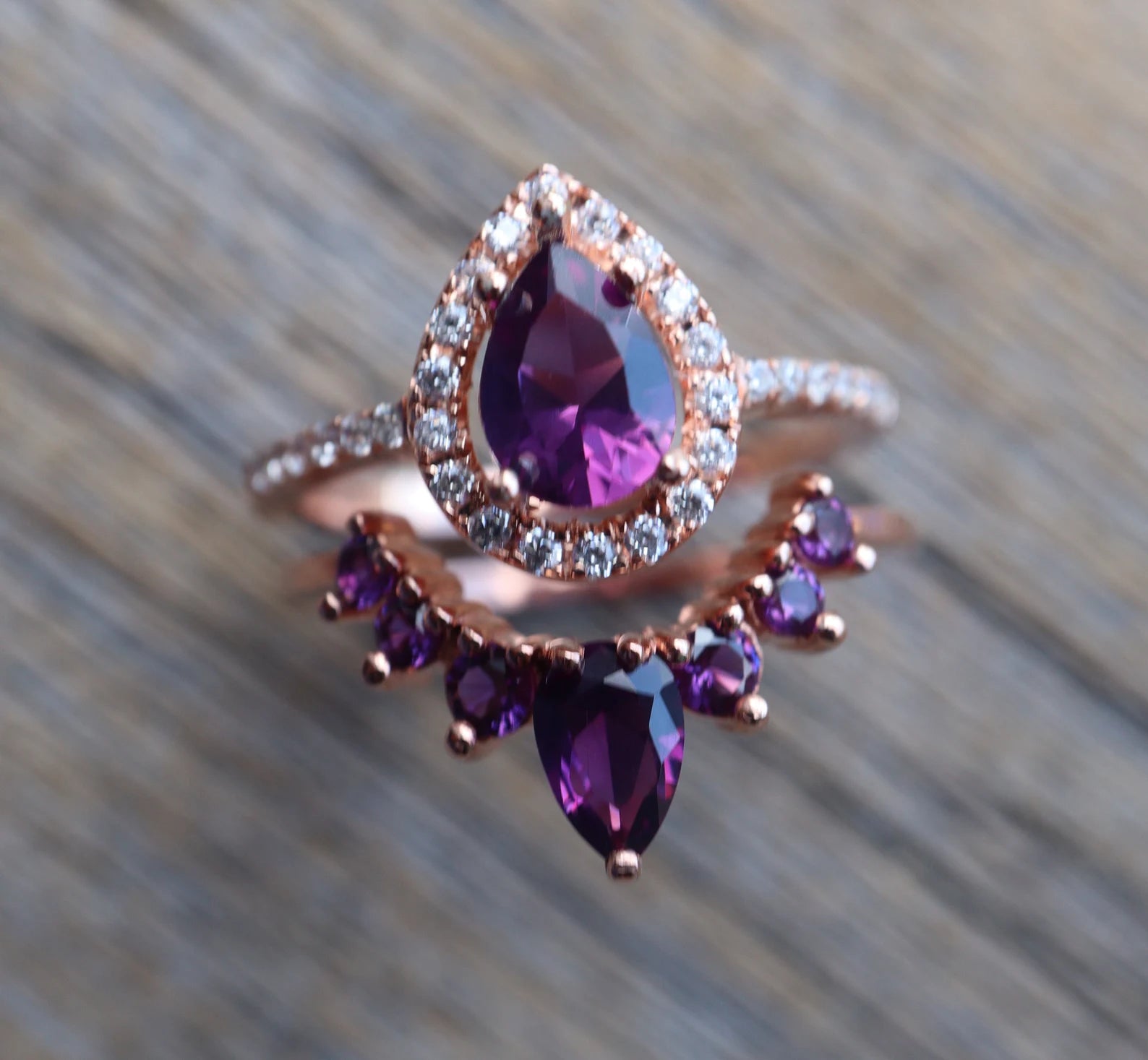 Amethyst stone pear cut 2 set ring