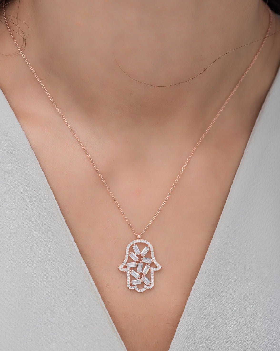Joud Zircon Hamsa Necklace - ARTSY SILVER