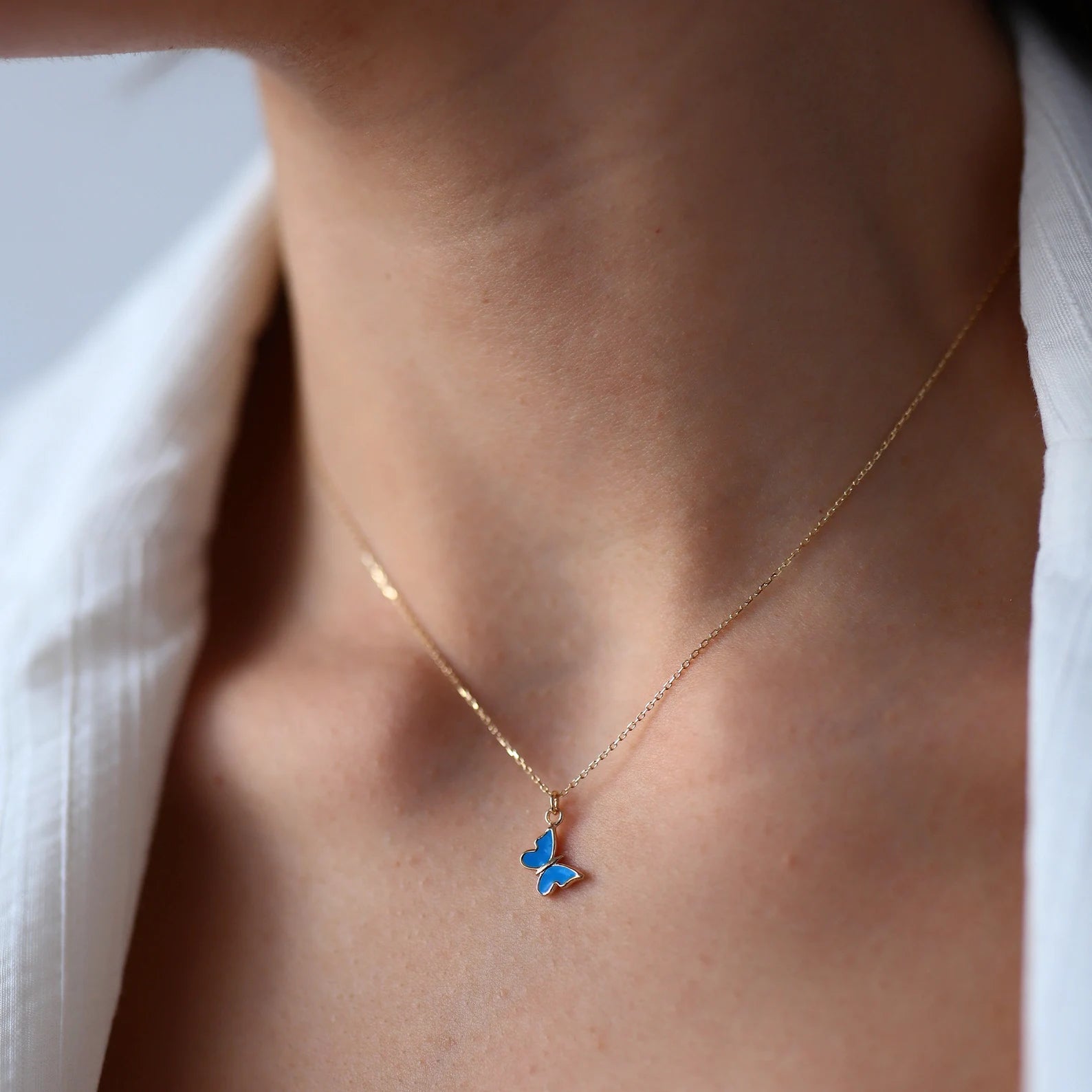 Dainty Blue Enamel Butterfly Necklace