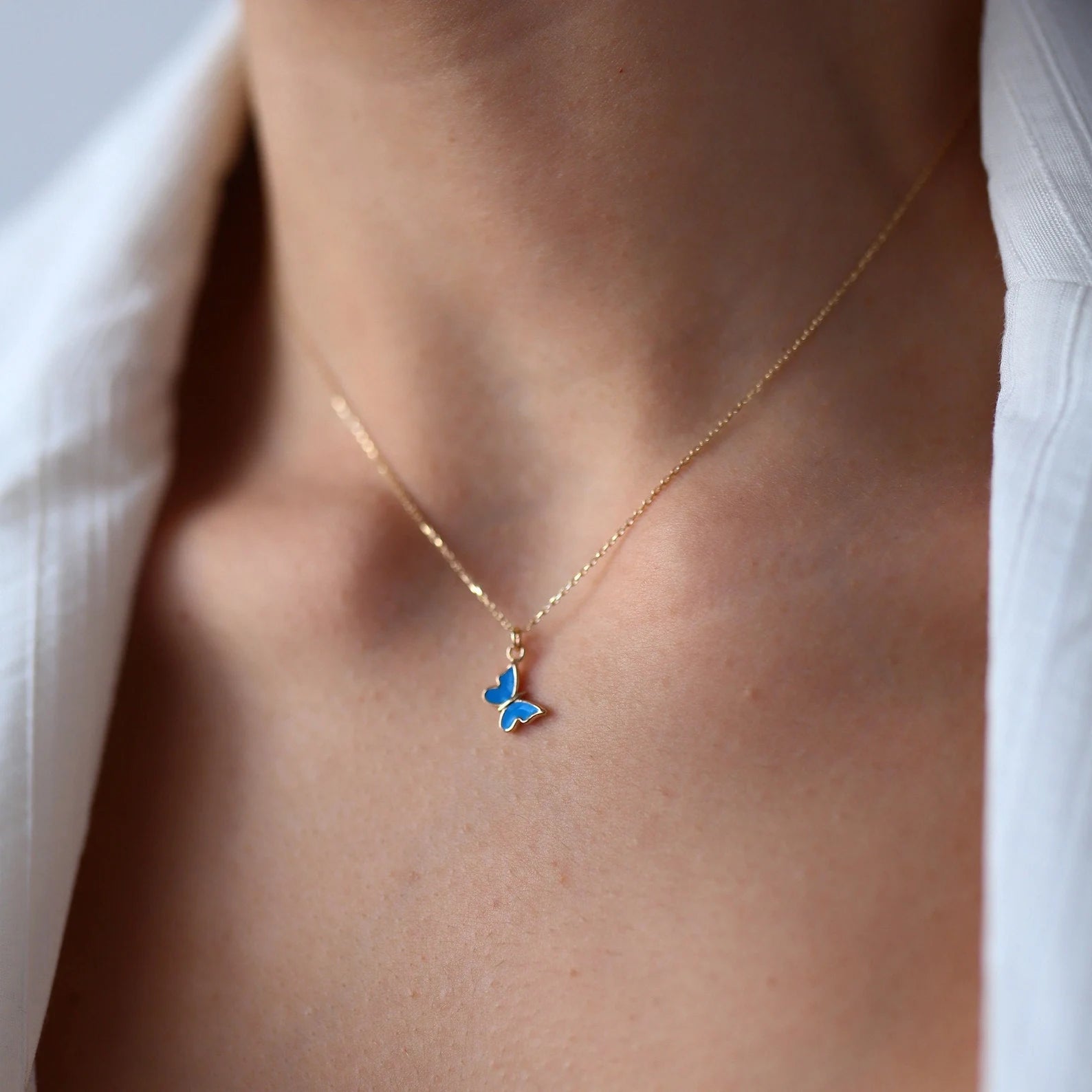 Dainty Blue Enamel Butterfly Necklace