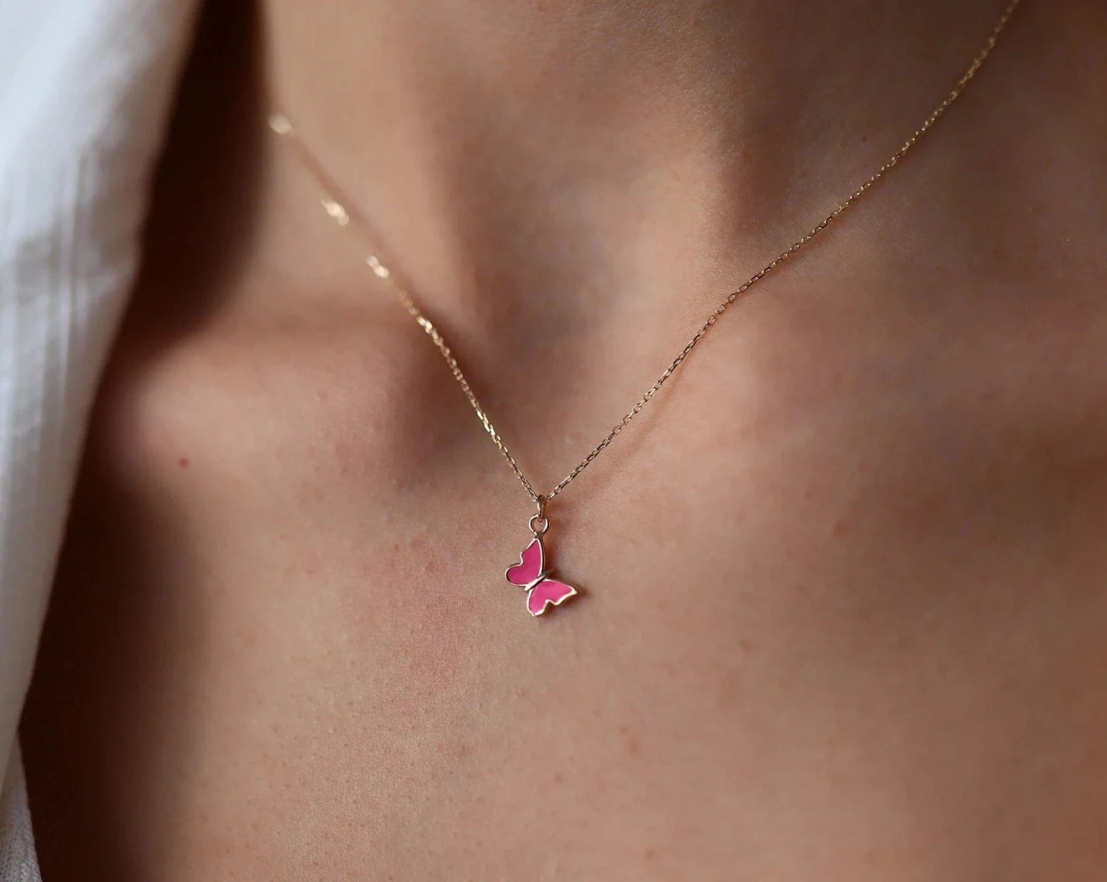 Dainty Pink Enamel Butterfly Necklace