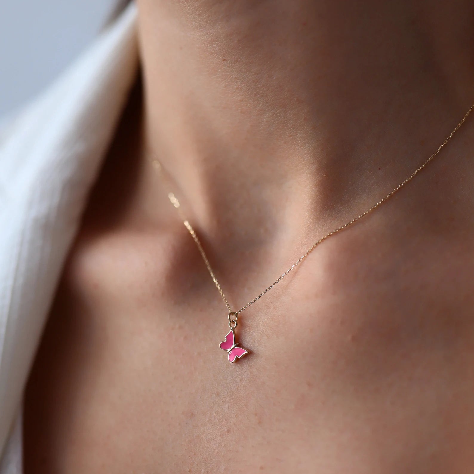 Dainty Pink Enamel Butterfly Necklace