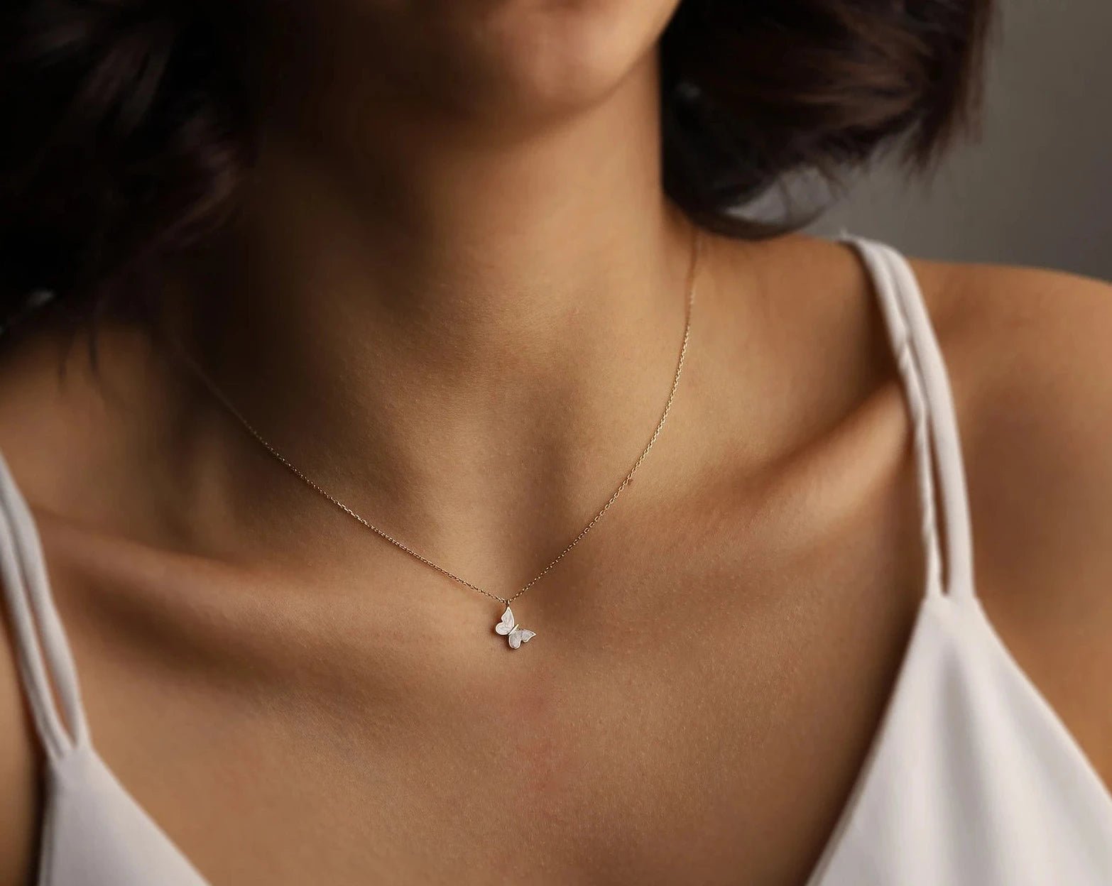 Dainty White Enamel Butterfly Necklace - ARTSY SILVER
