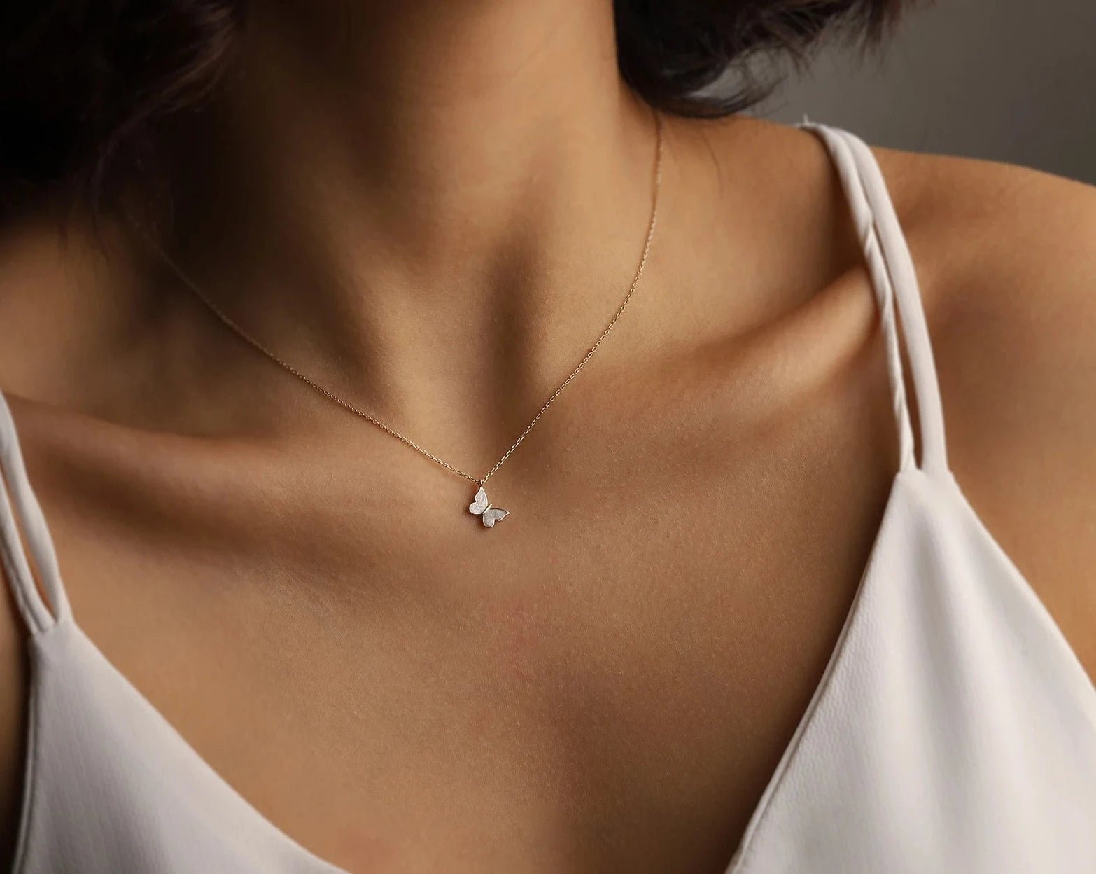 Dainty White Enamel Butterfly Necklace - ARTSY SILVER