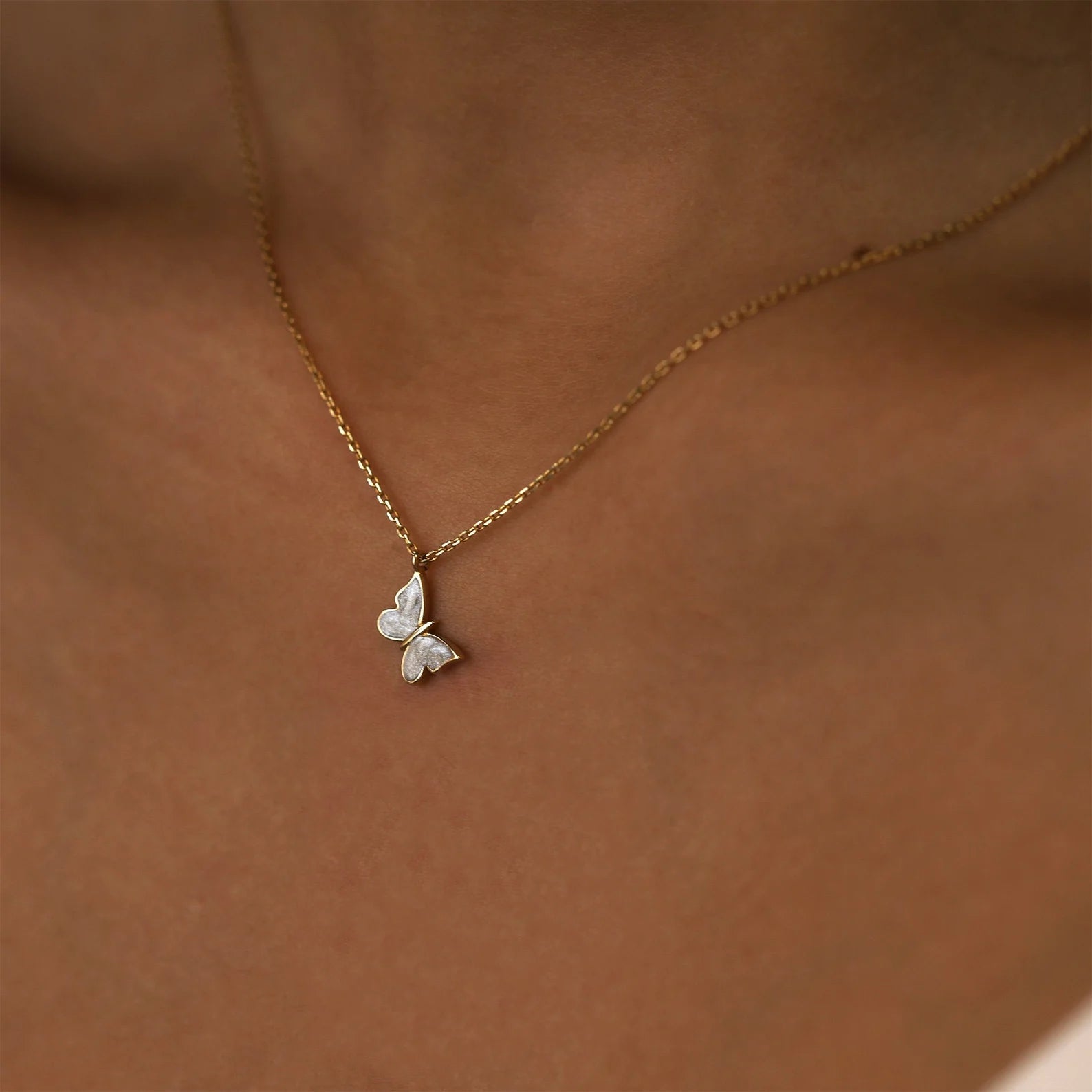 Dainty White Enamel Butterfly Necklace - ARTSY SILVER