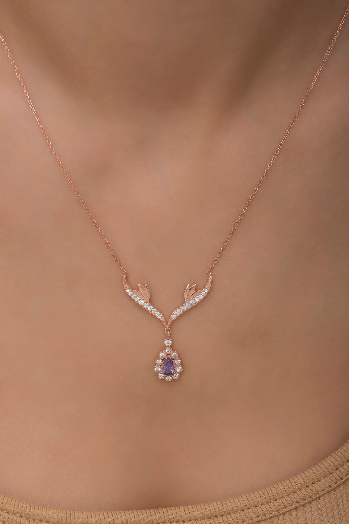 Deer Charm Purple Zircon Necklace - ARTSY SILVER