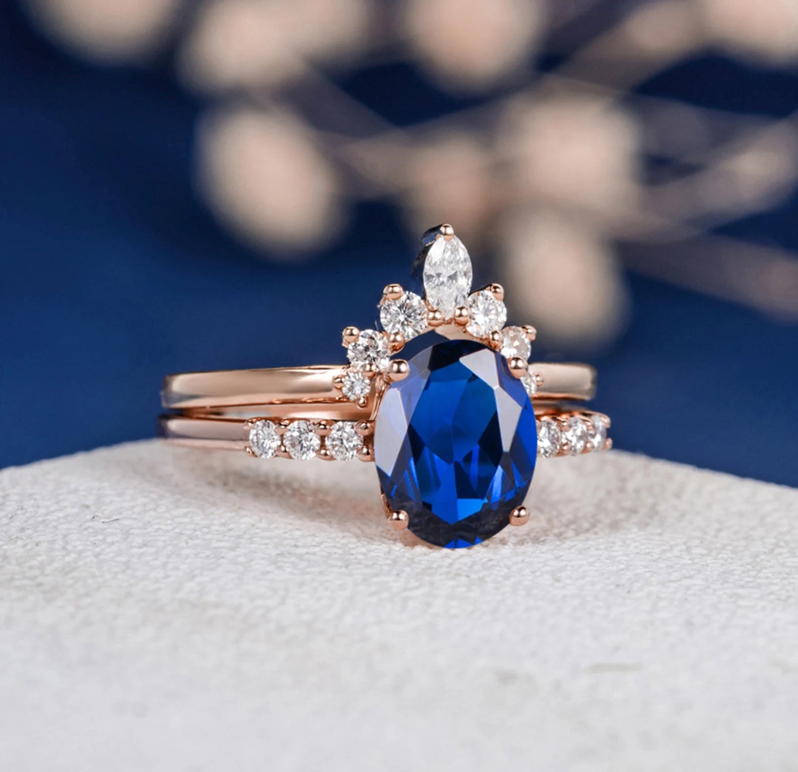 Blue Sapphire Stone Oval 2 Set Ring