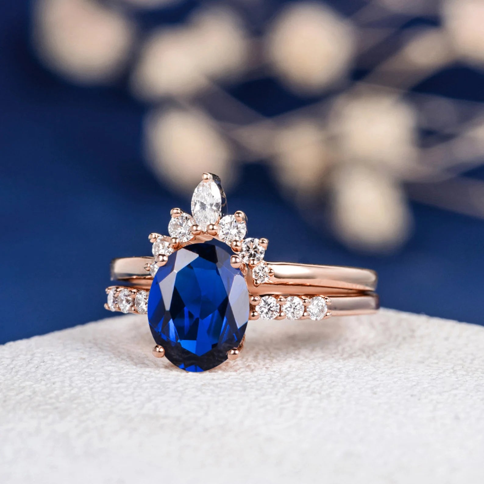 Blue Sapphire Stone Oval 2 Set Ring