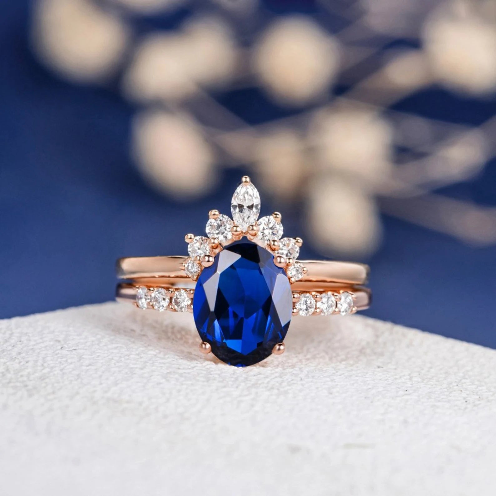 Blue Sapphire Stone Oval 2 Set Ring