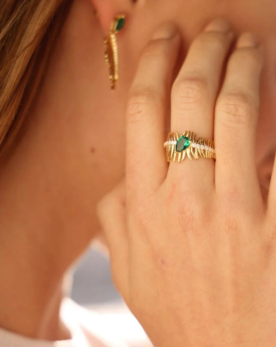 Palma Emerald Stone Ring and Earrings Set