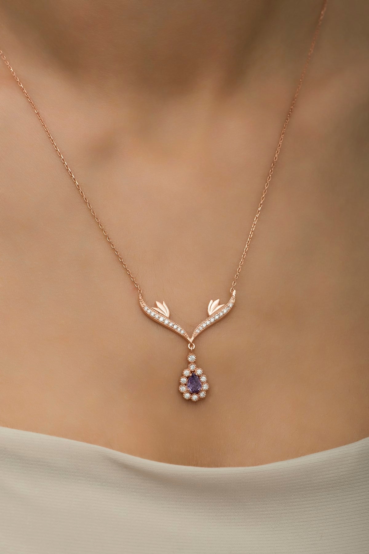 Deer Charm Purple Zircon Necklace - ARTSY SILVER