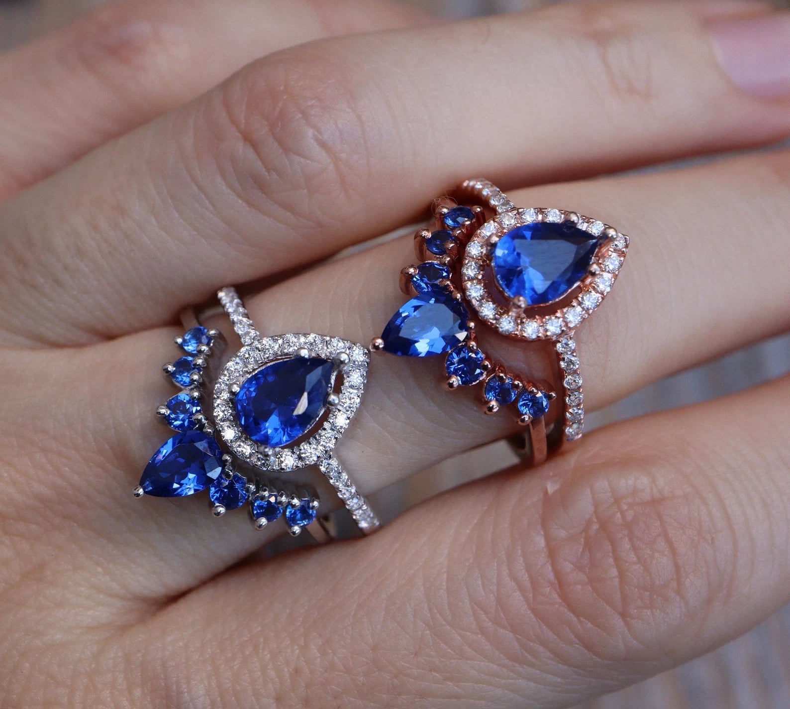 Pear Cut Blue Sapphire 2 Set Ring