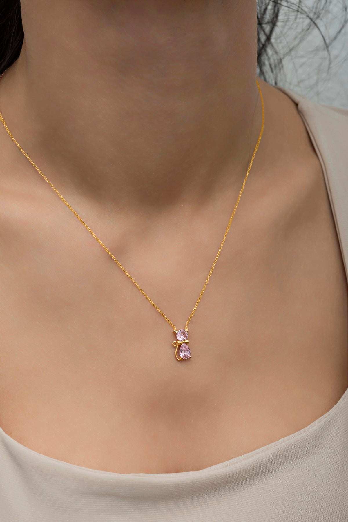 Pink Stone Cat Necklace Gold Plated