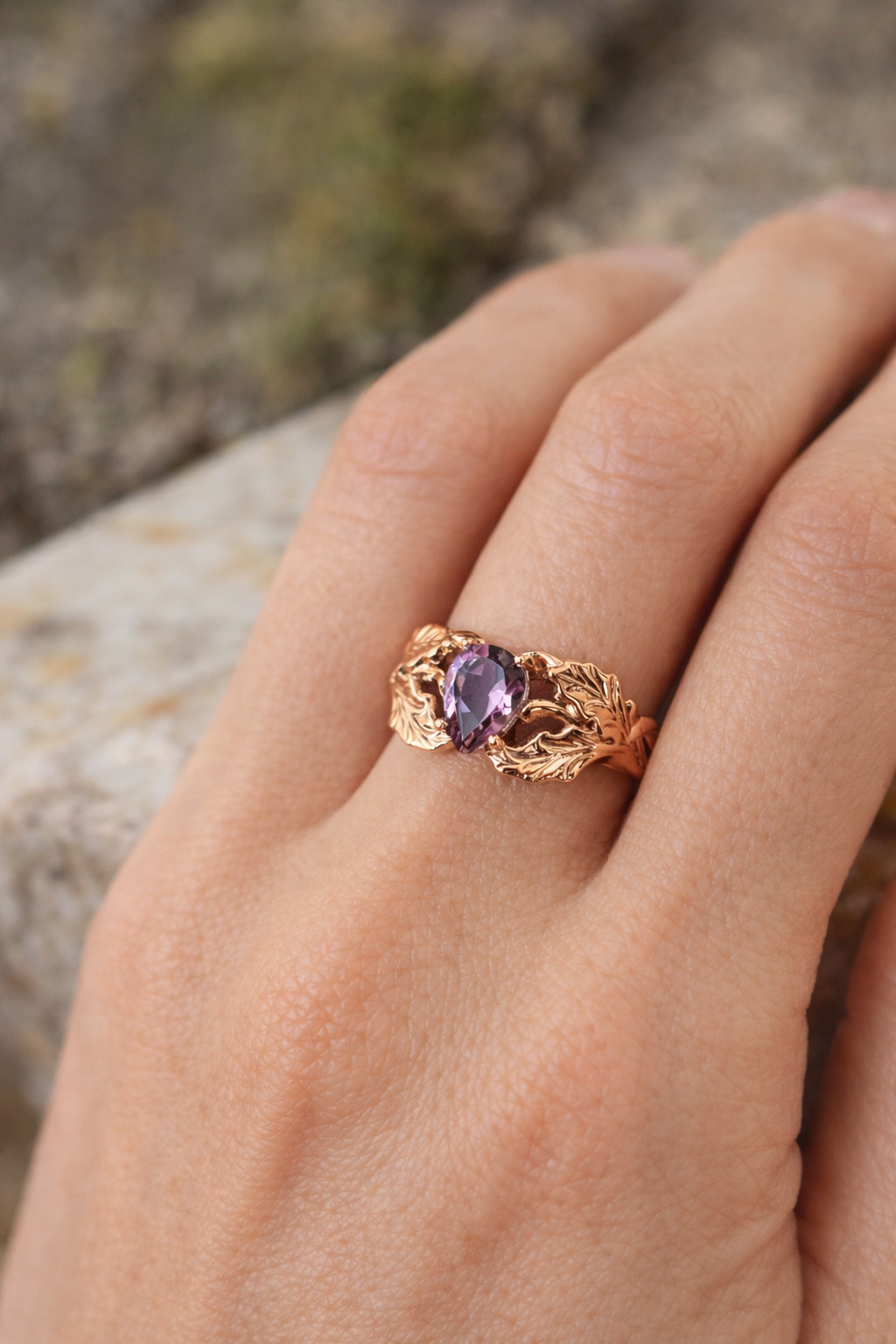 Amethyst Stone Pear Cut Leaf Ring - ARTSY SILVER