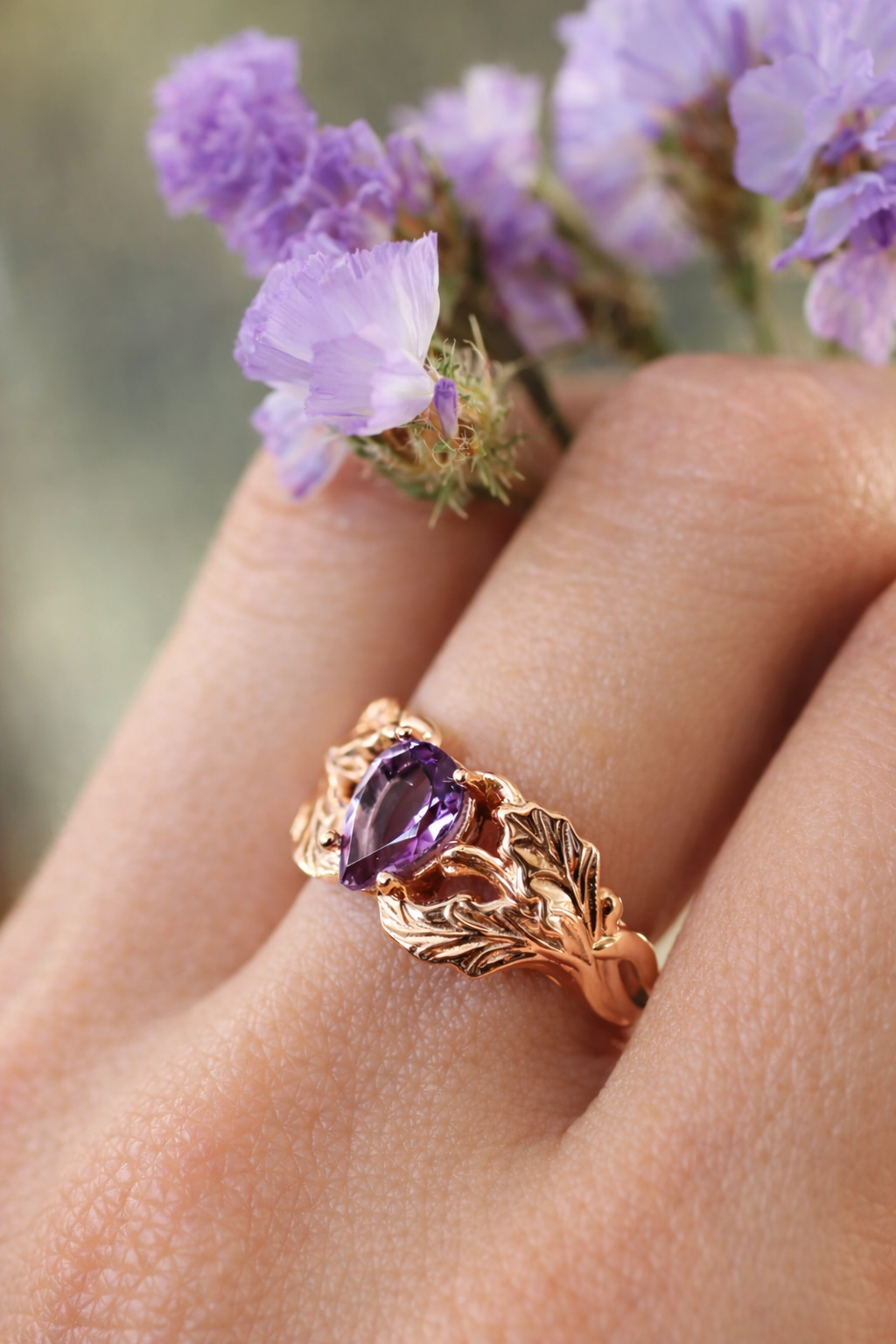 Amethyst Stone Pear Cut Leaf Ring - ARTSY SILVER