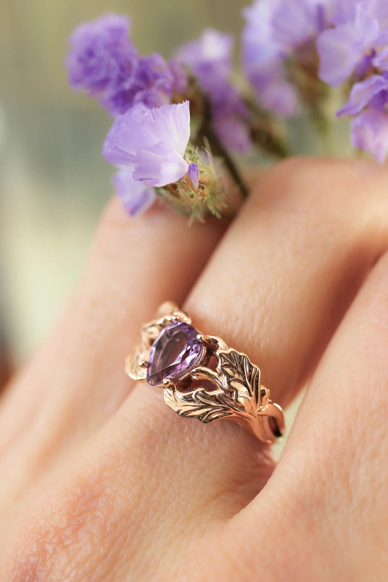 Amethyst Stone Pear Cut Leaf Ring - ARTSY SILVER