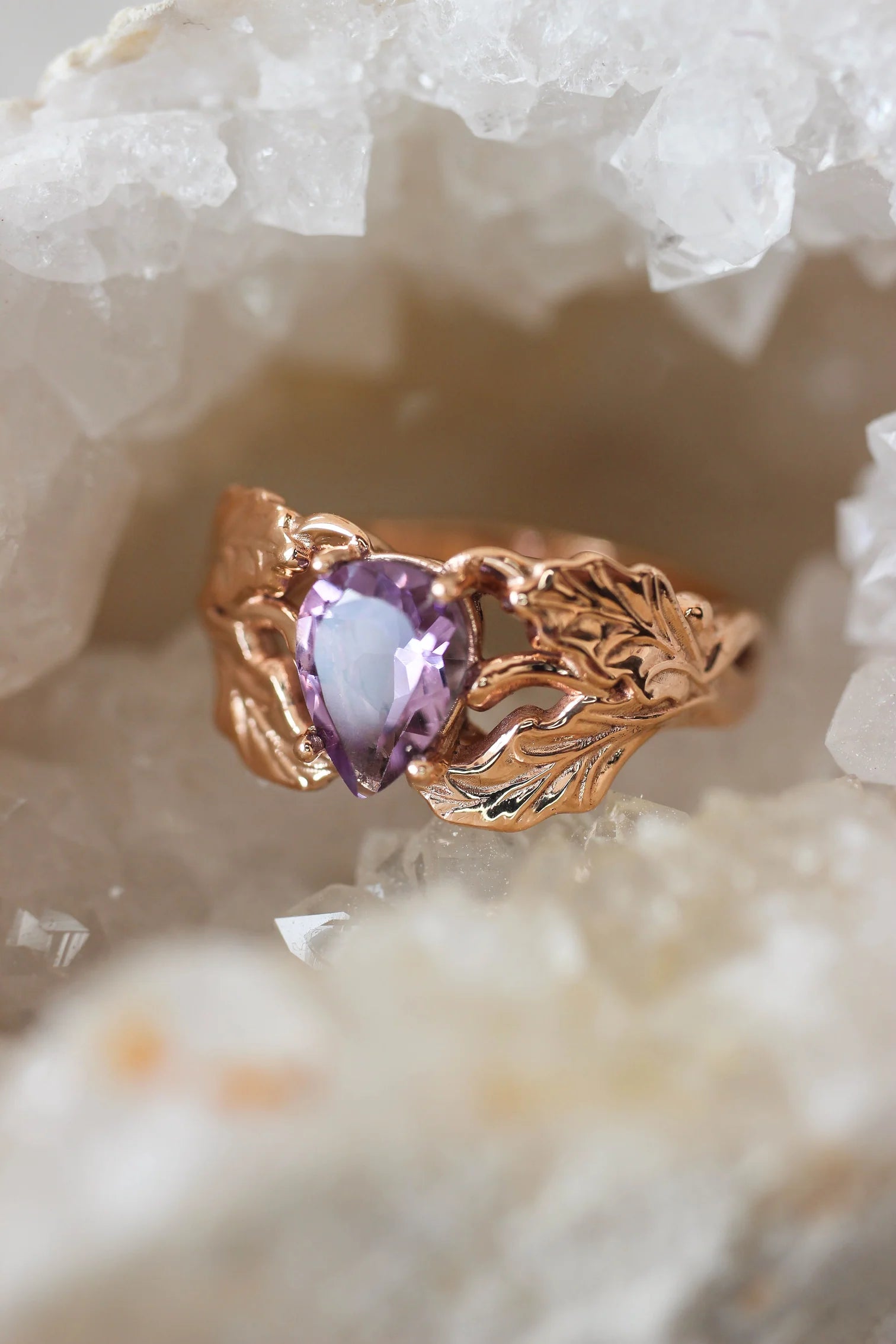 Amethyst Stone Pear Cut Leaf Ring - ARTSY SILVER