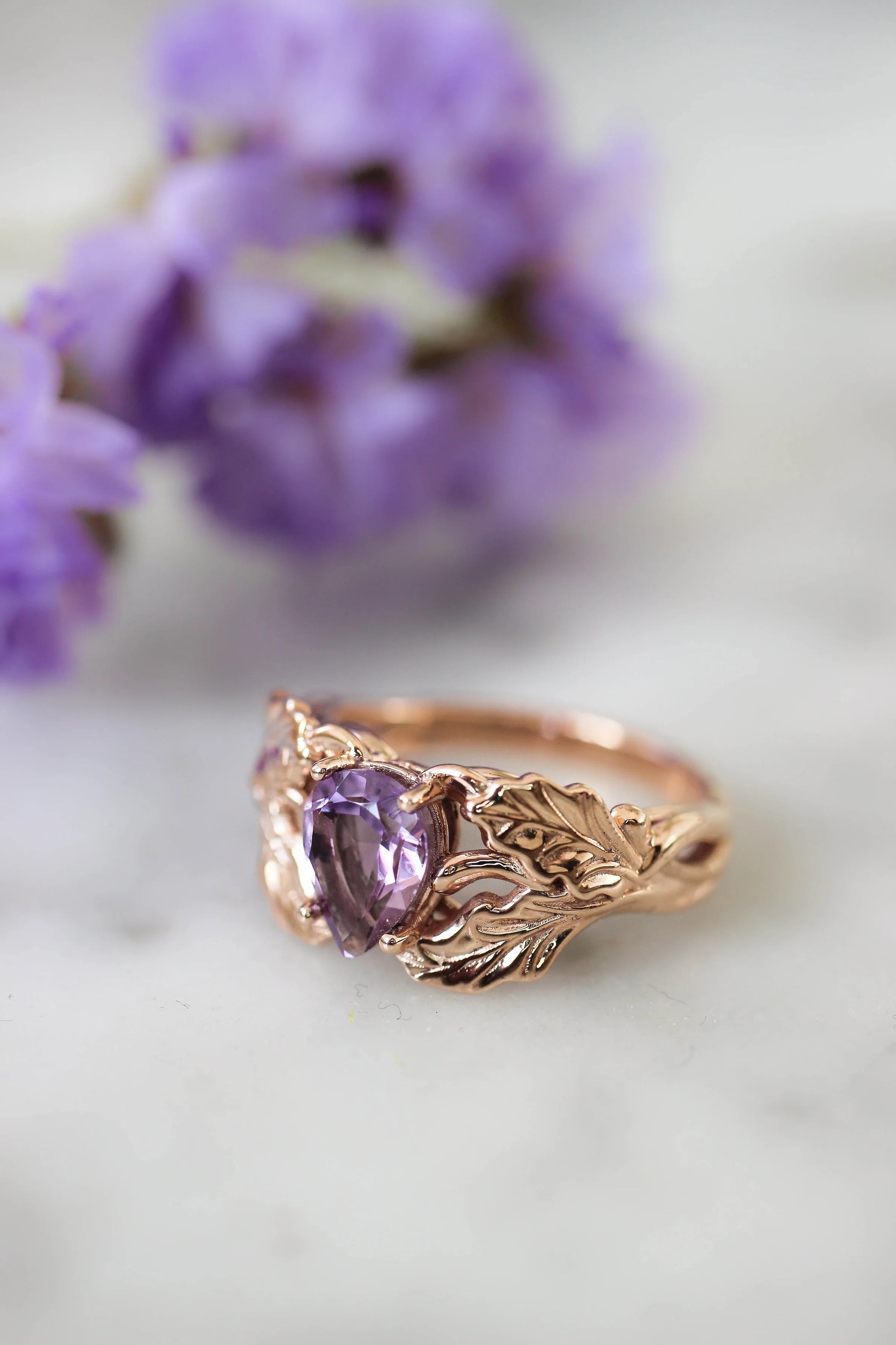 Amethyst Stone Pear Cut Leaf Ring - ARTSY SILVER