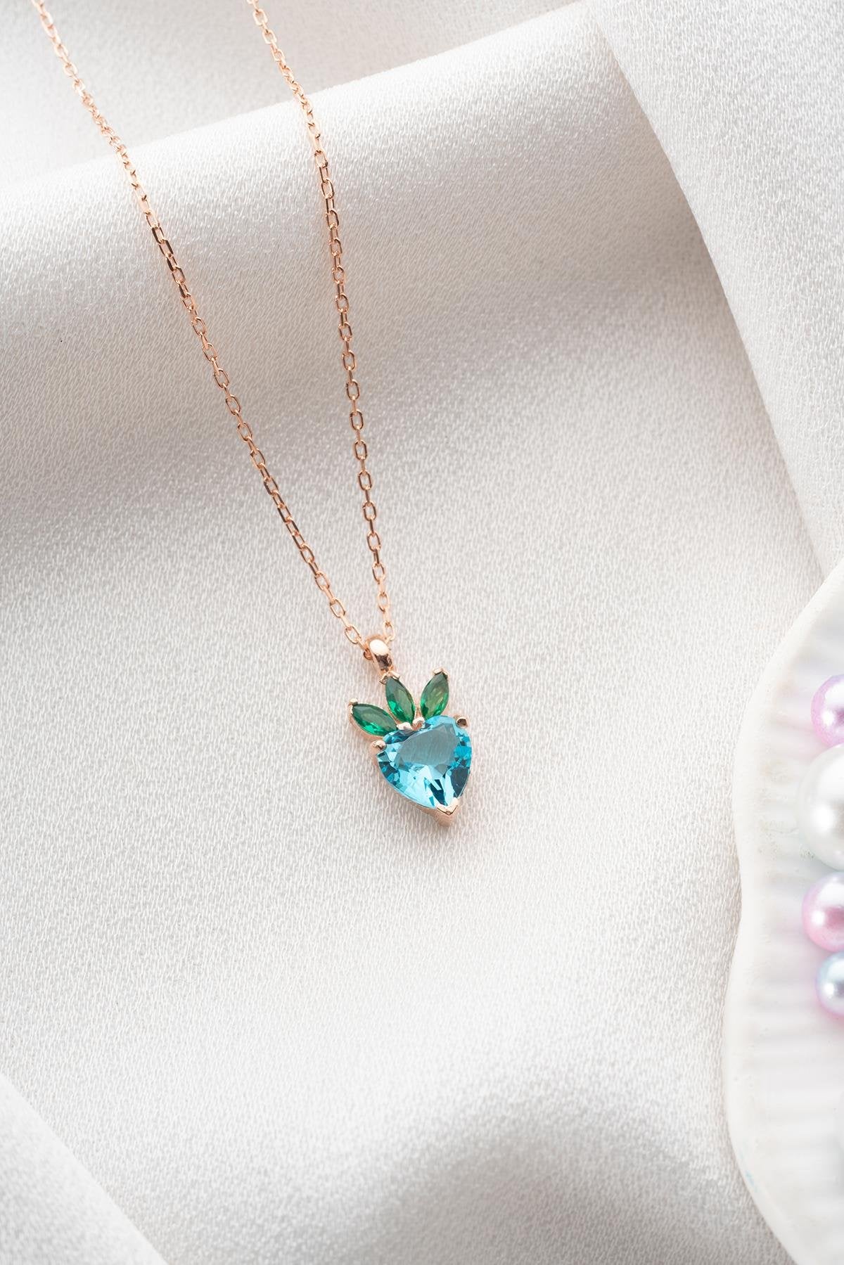 Aquamarine Heart strawberry Necklace - ARTSY SILVER