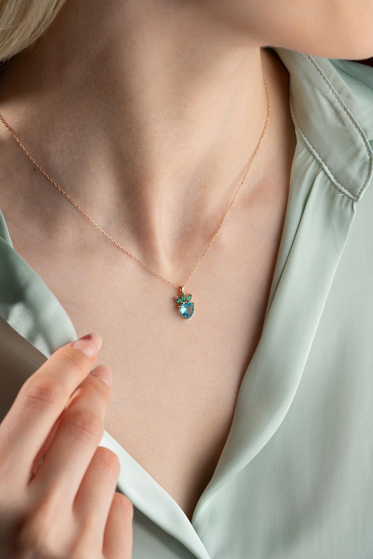 Aquamarine Heart strawberry Necklace - ARTSY SILVER