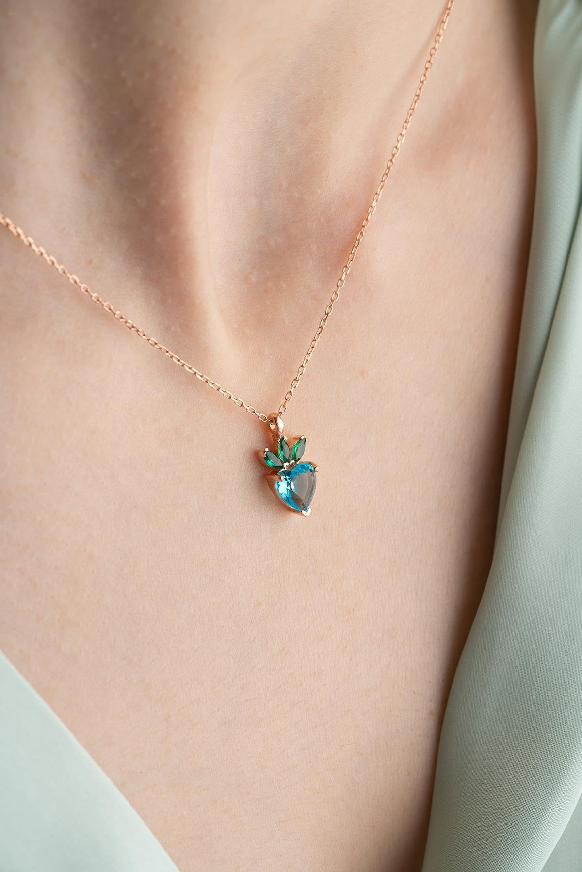 Aquamarine Heart strawberry Necklace - ARTSY SILVER