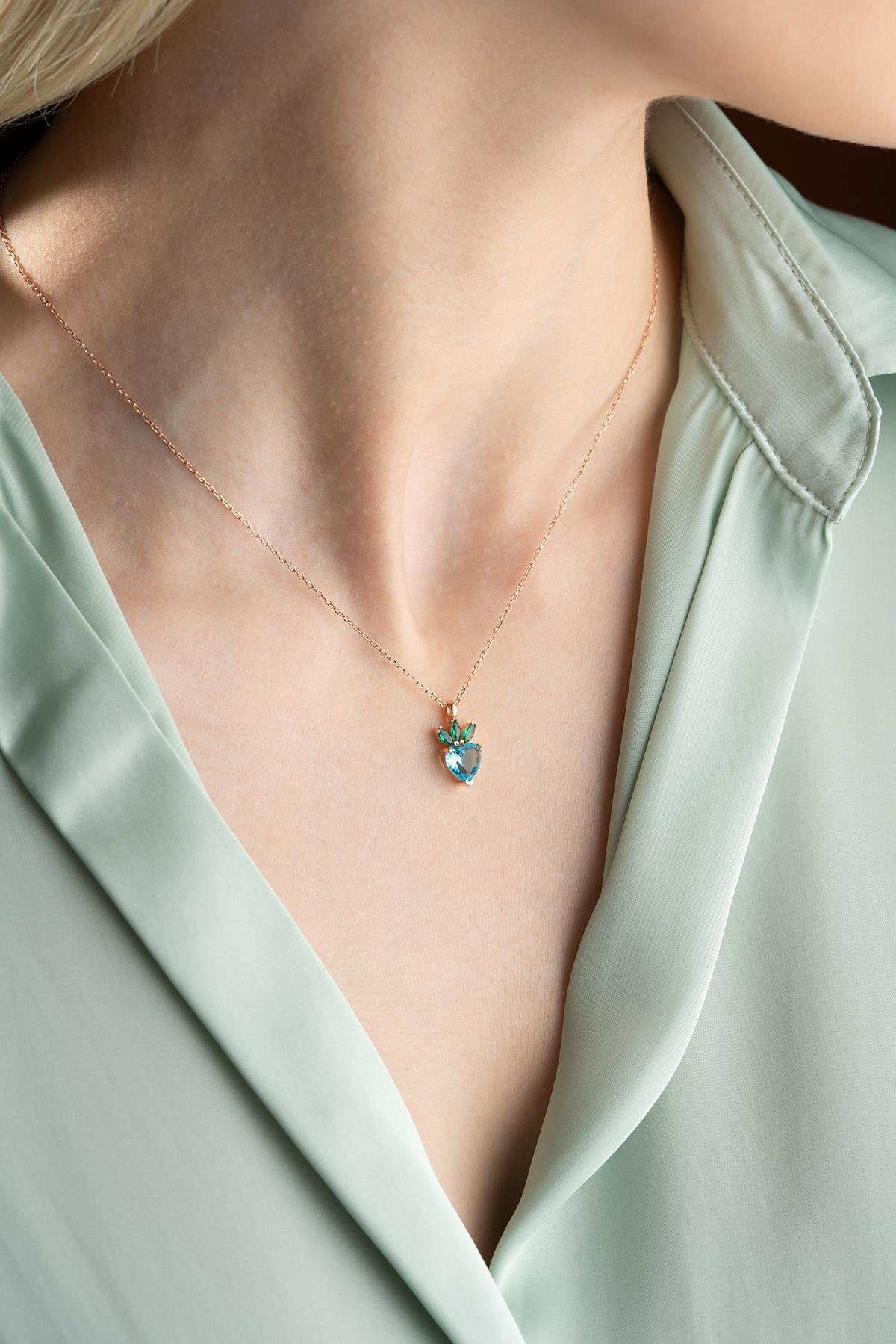 Aquamarine Heart strawberry Necklace - ARTSY SILVER