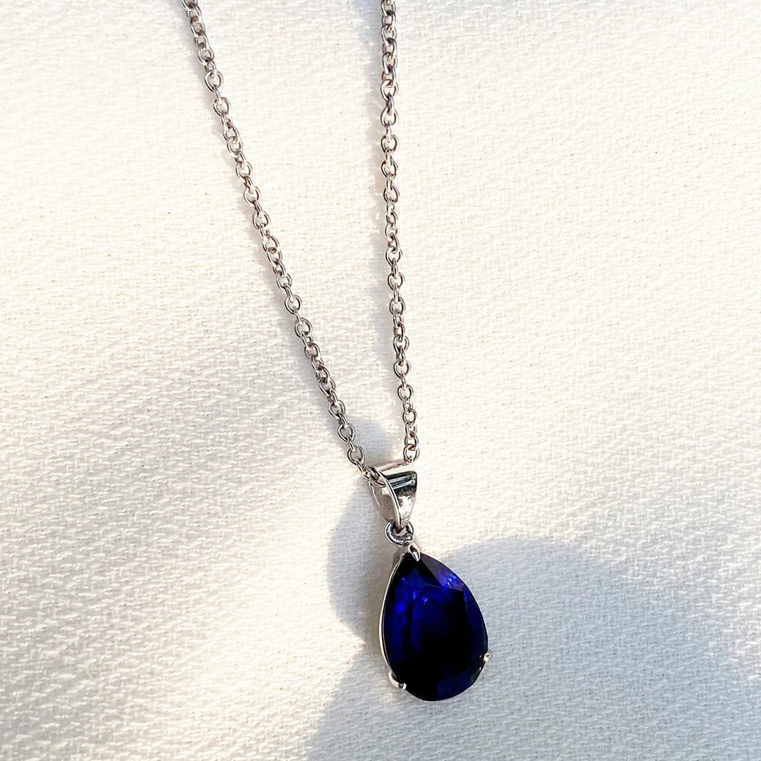 Pear Cut Blue Sapphire Charm Necklace woman  - ARTSY SILVER