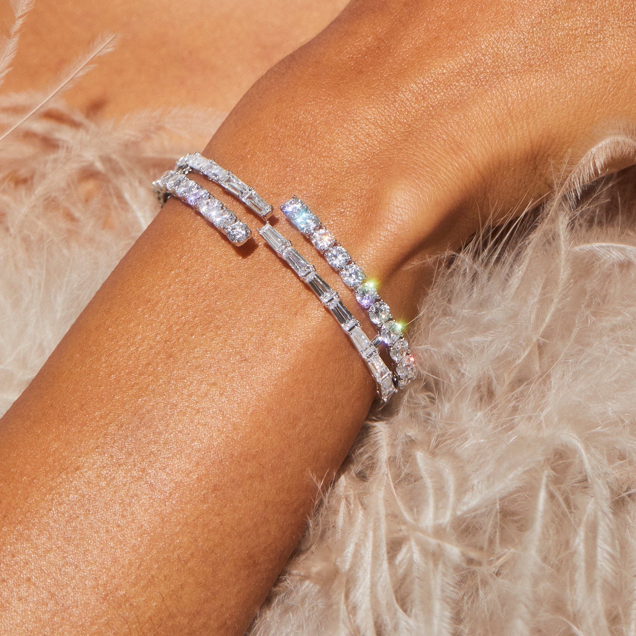 Baguette & Round Stones Bangle - ARTSY SILVER