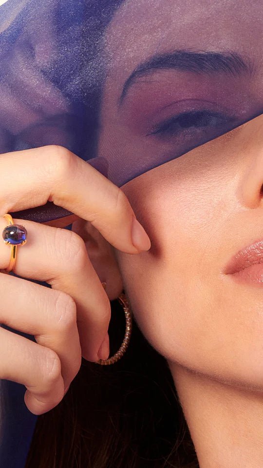 Glossy Cabochon Blue Promise Ring - ARTSY SILVER