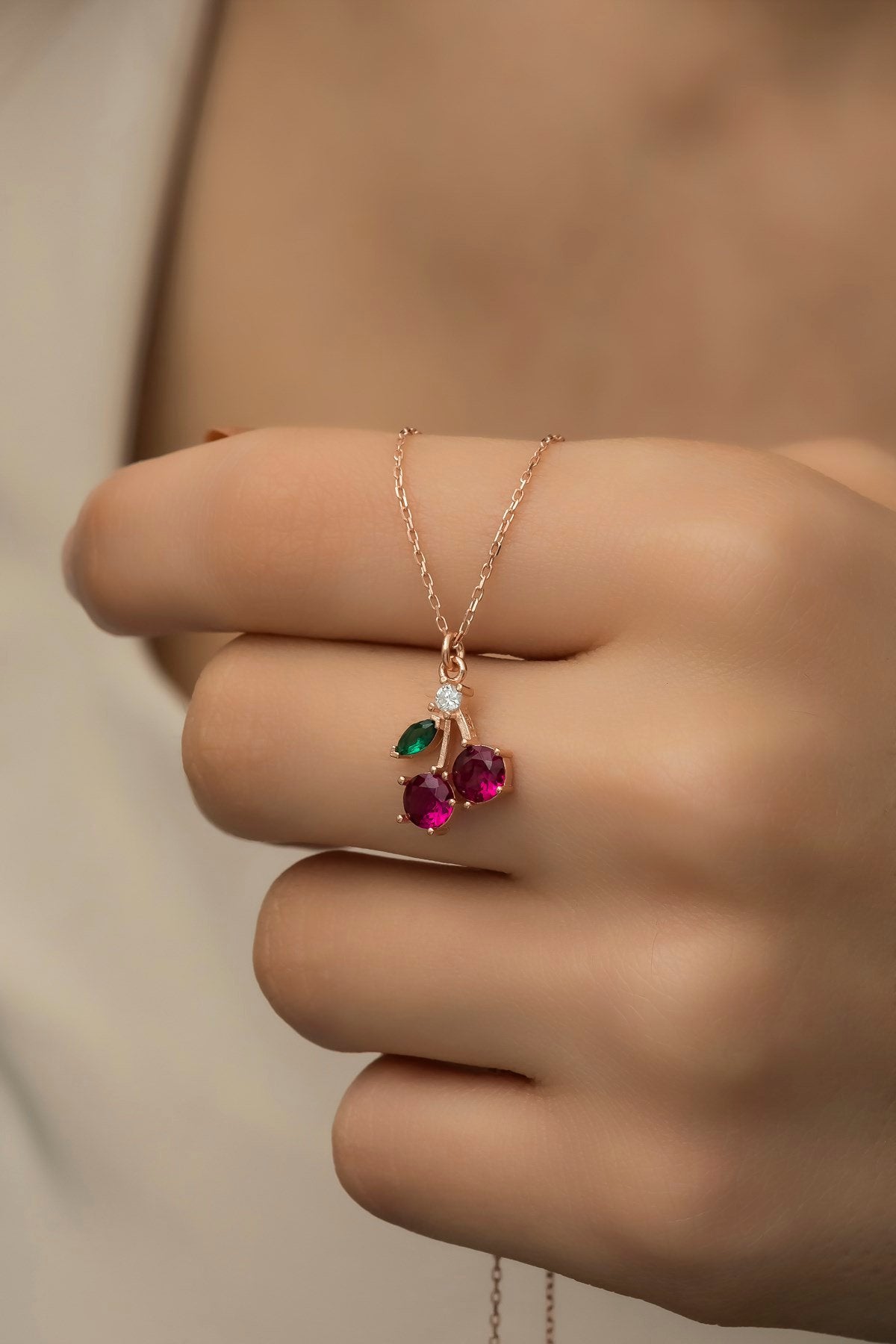 Cherry Rose Zircon Stone Necklace