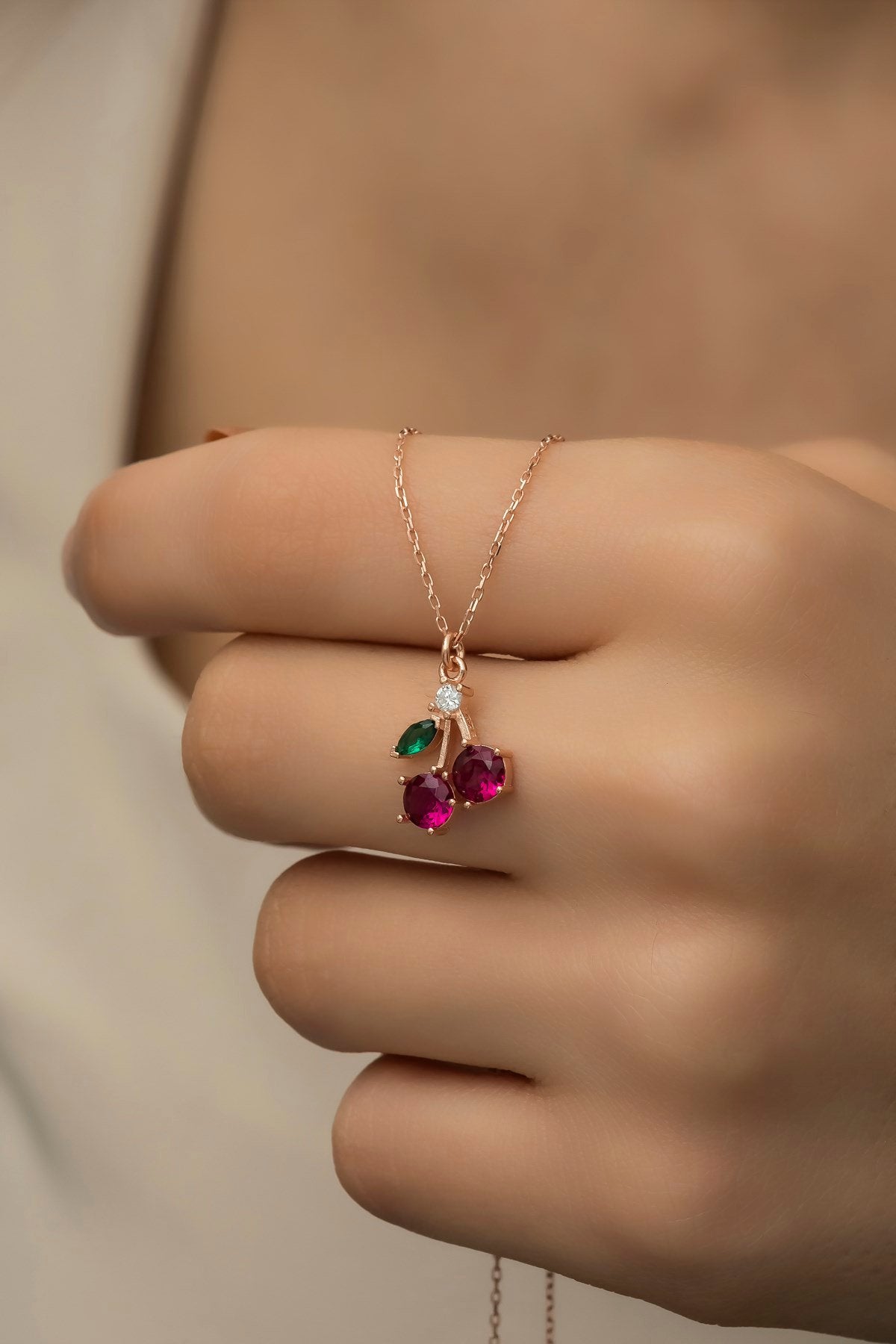 Cherry Rose Zircon Stone Necklace - ARTSY SILVER