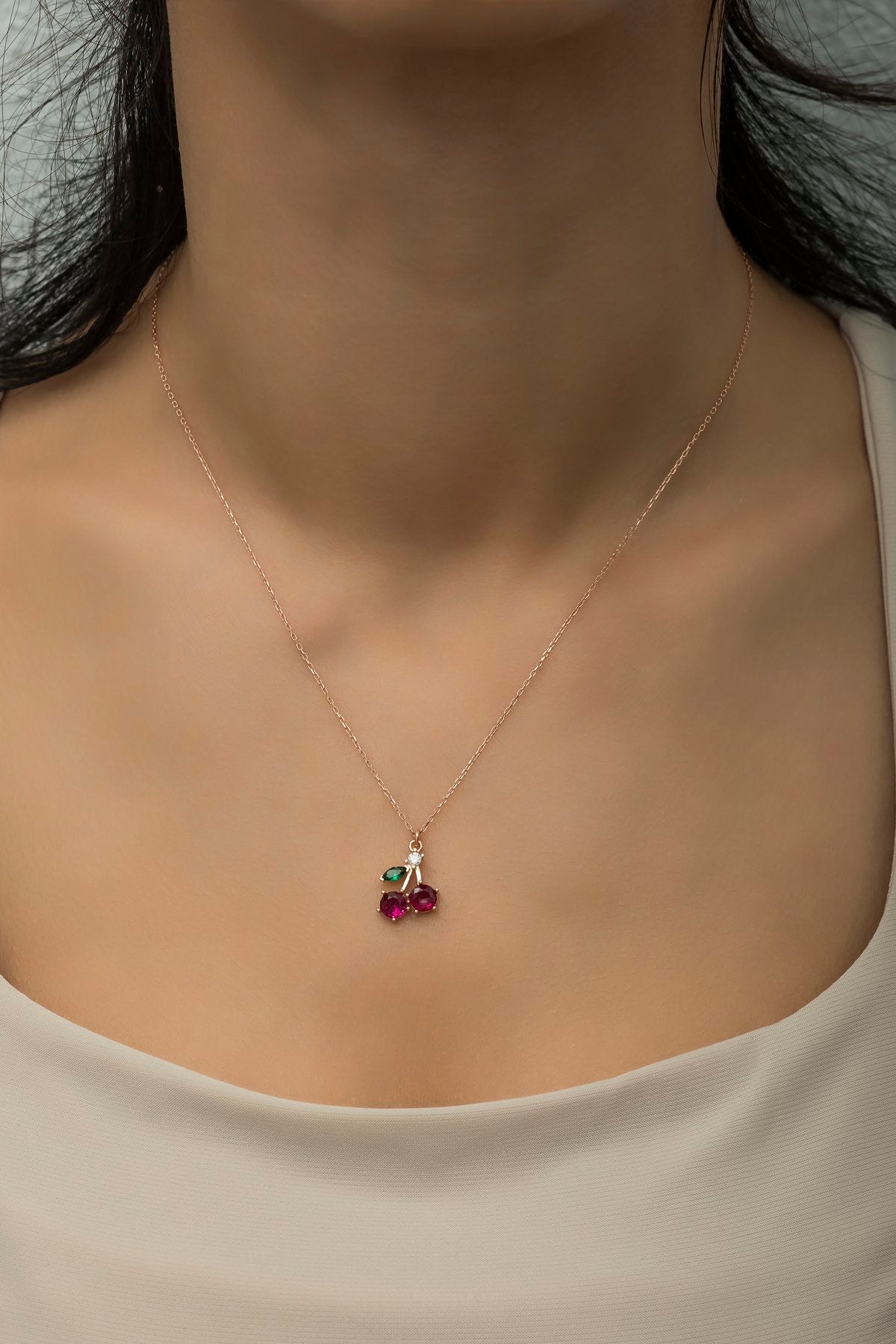 Cherry Rose Zircon Stone Necklace - ARTSY SILVER