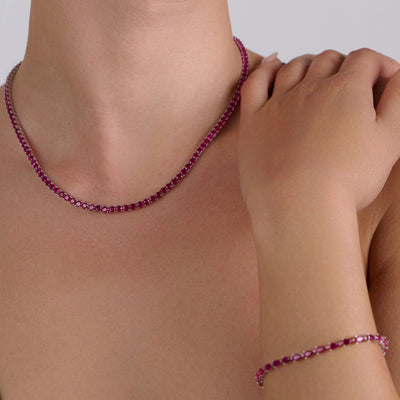 Woman's  Tennis Necklace & Bracelet Set - Ruby stone I ARTSY SILVER
