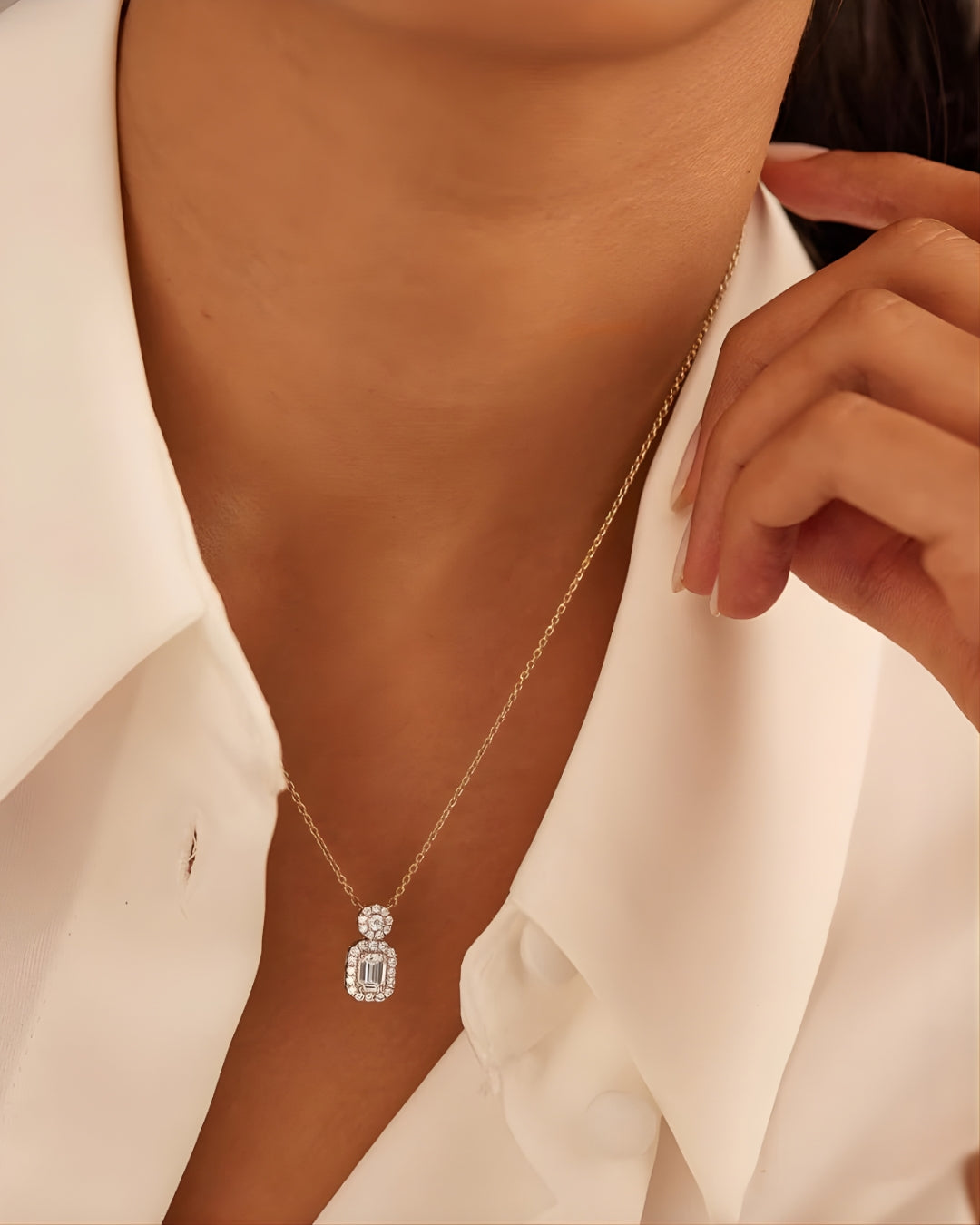 Emerald Cut Drop Halo Necklace
