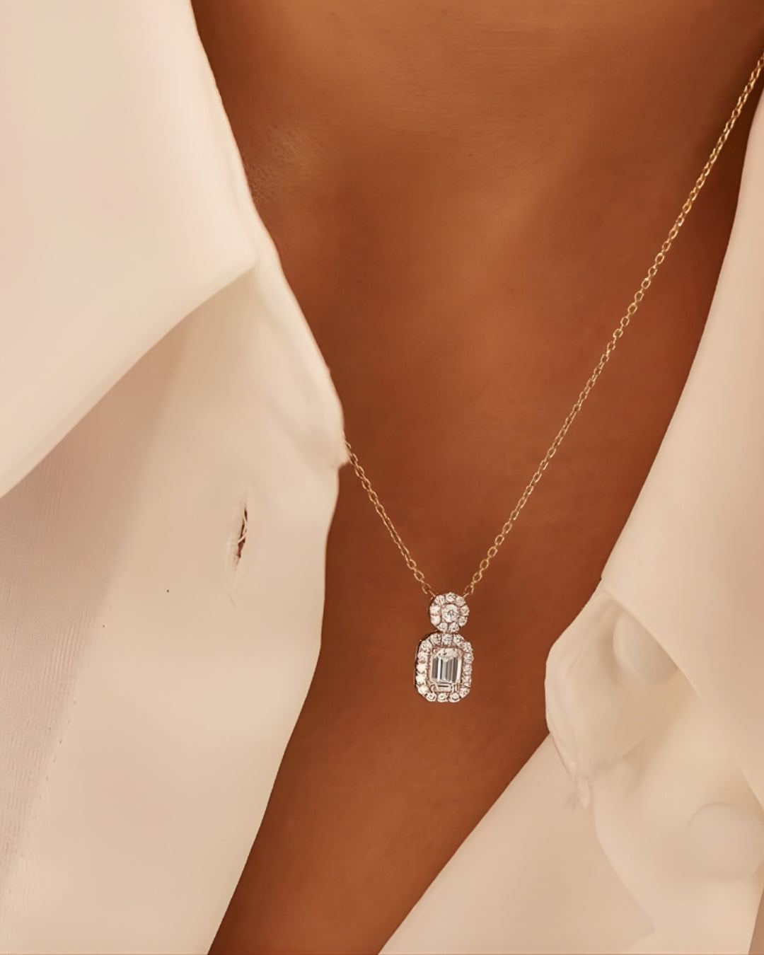 Emerald Cut Drop Halo Necklace