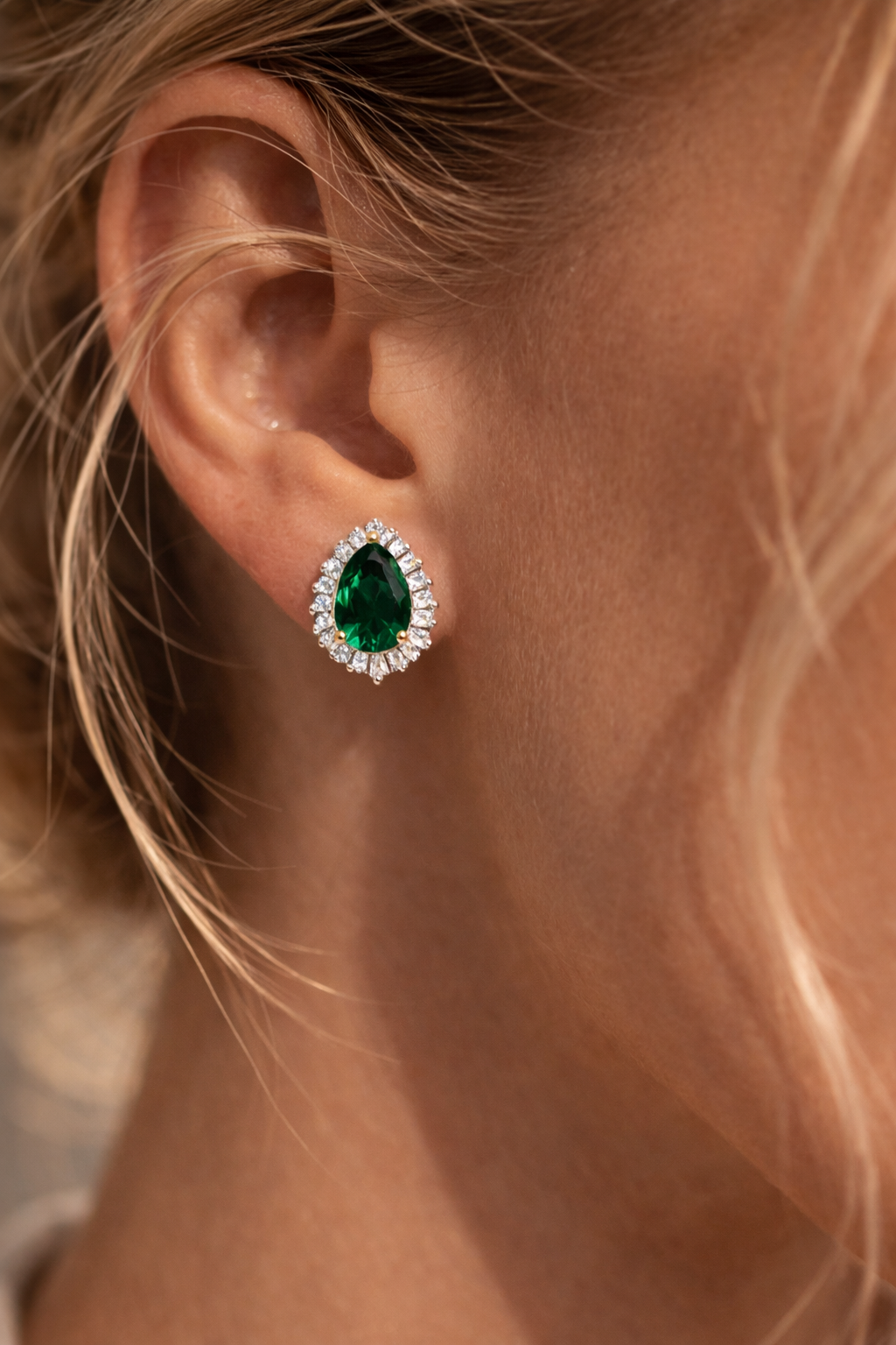Emerald & Baguette Stones Pear Earrings