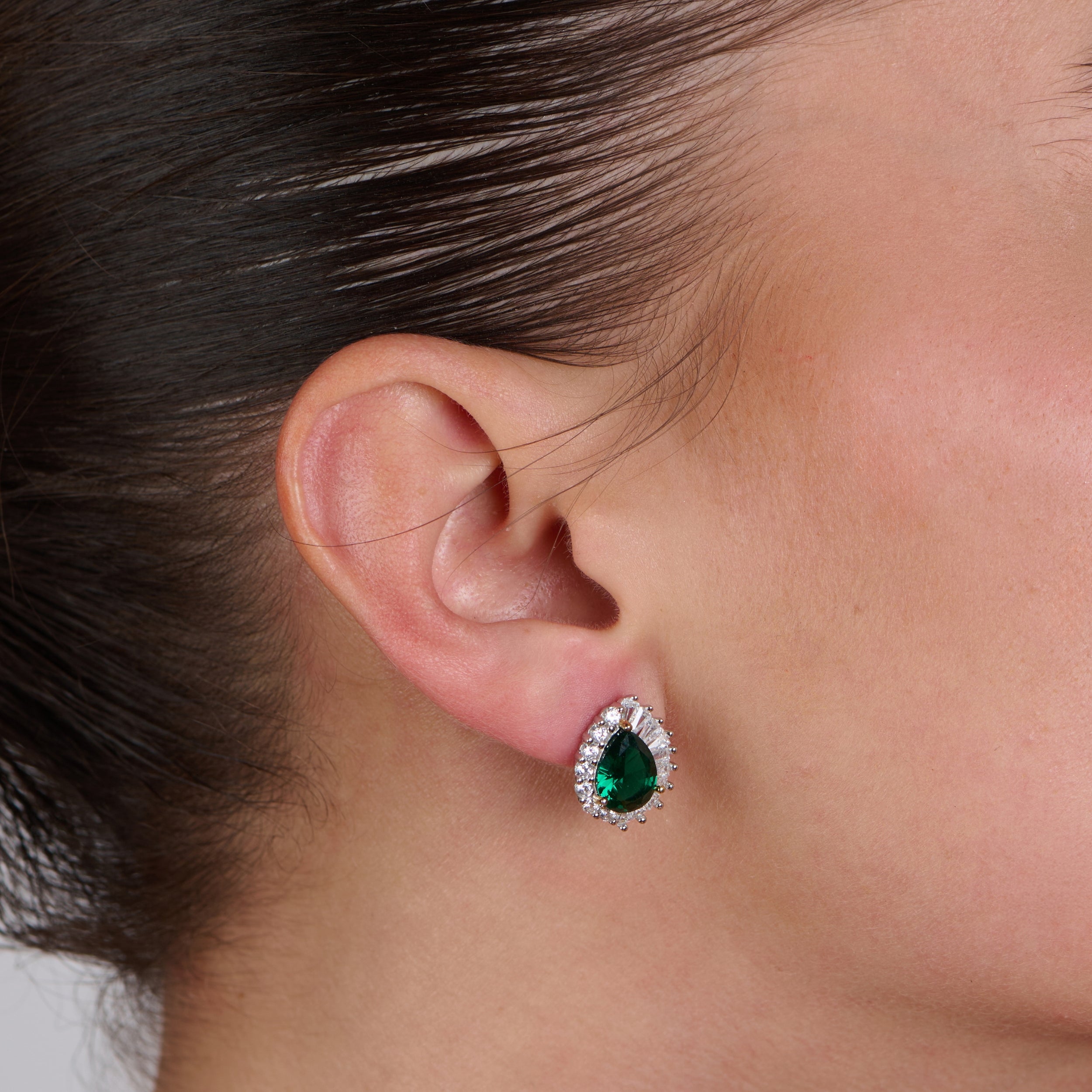 Emerald & Baguette Stones Pear Earrings
