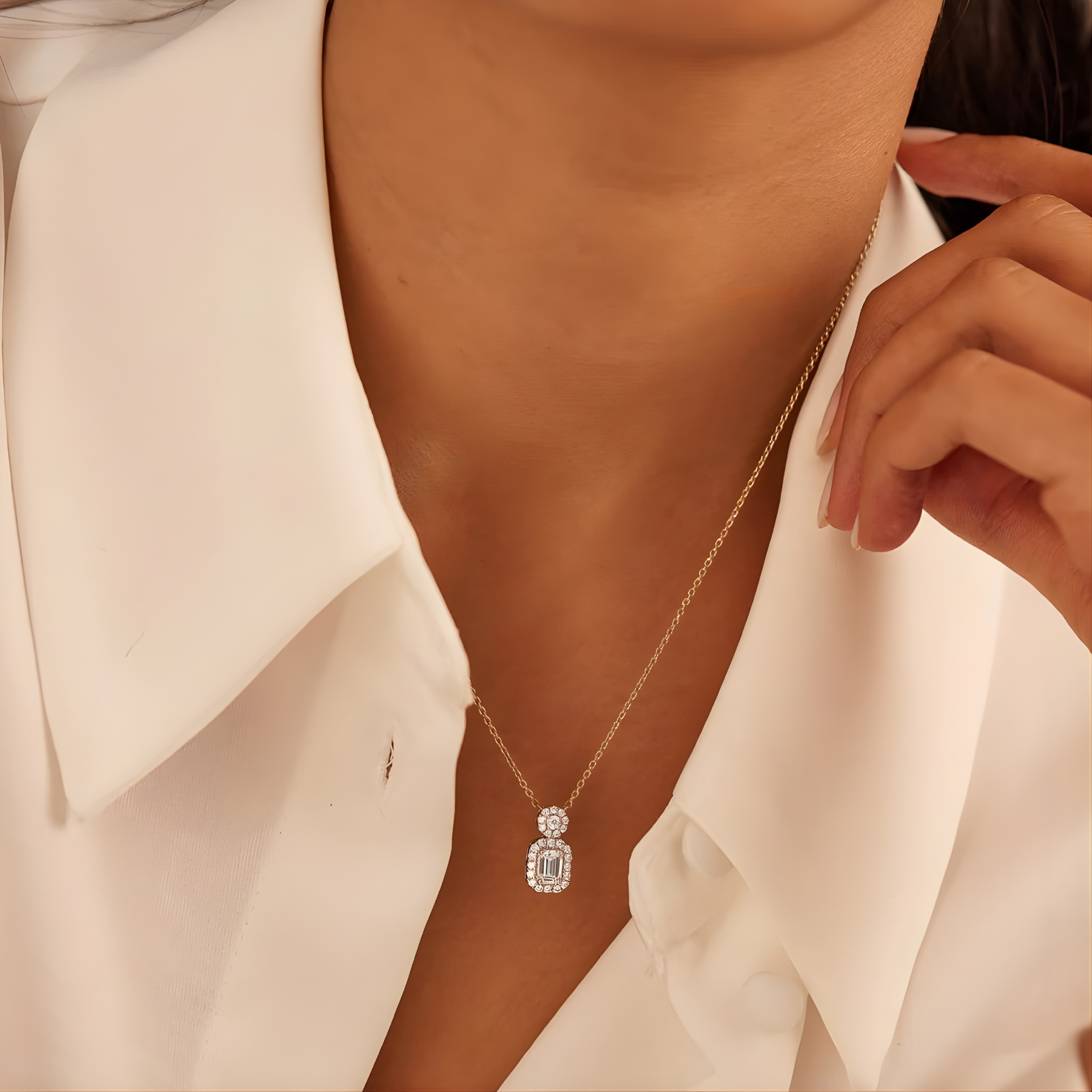 Emerald Cut Drop Halo Necklace