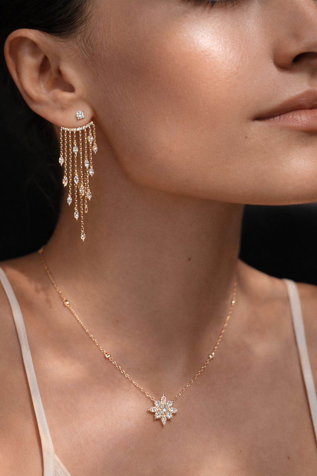 Fancy Gold Plated Zircon Stone Necklace And Earrings Set - ARTSY SILVER