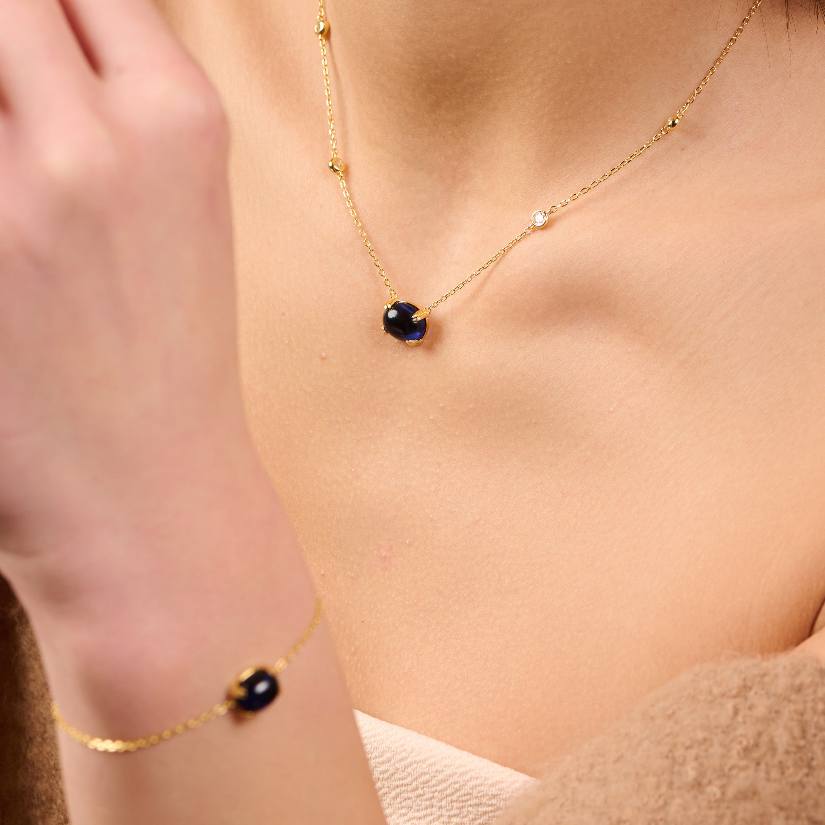 Glossy Cabochon Blue Necklace & Bracelet Set